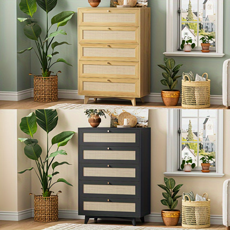 2 Colors Rattan Tall Dresser For Bedroom With 5 Drawer, Modern Double Wooden Tall Bedroom Dresser, Chest Of Drawers With Metal Handle & Solid Wood Legs For Bedroom/Living Room