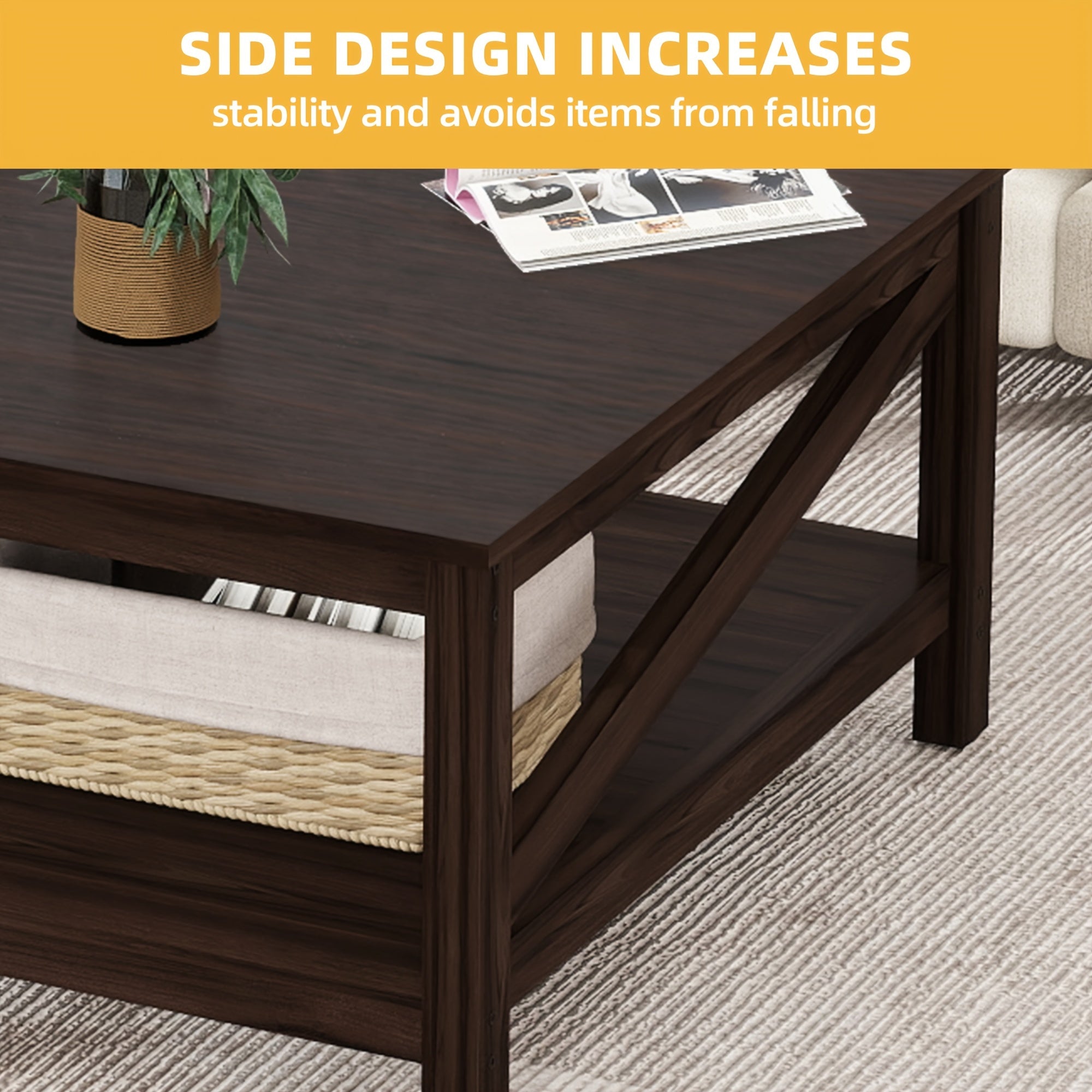 Wooden Coffee Table Storage Shelf Rectangular End Side Table