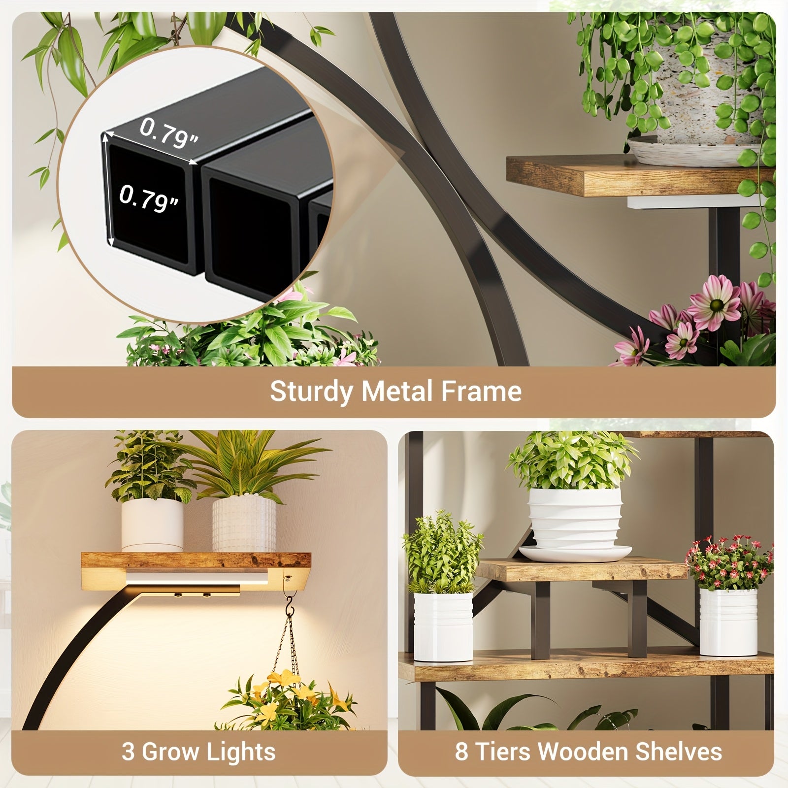 8-Tier Metal Plant Stand with Grow Lights, 62" Tall S-Shaped Indoor Plant Shelf, Multi-Level Display for Living Room Decor, Classic Brown Black Finish, Grow Light Stand | Classic Sshaped Design | Wooden Shelf Finish, Artifici