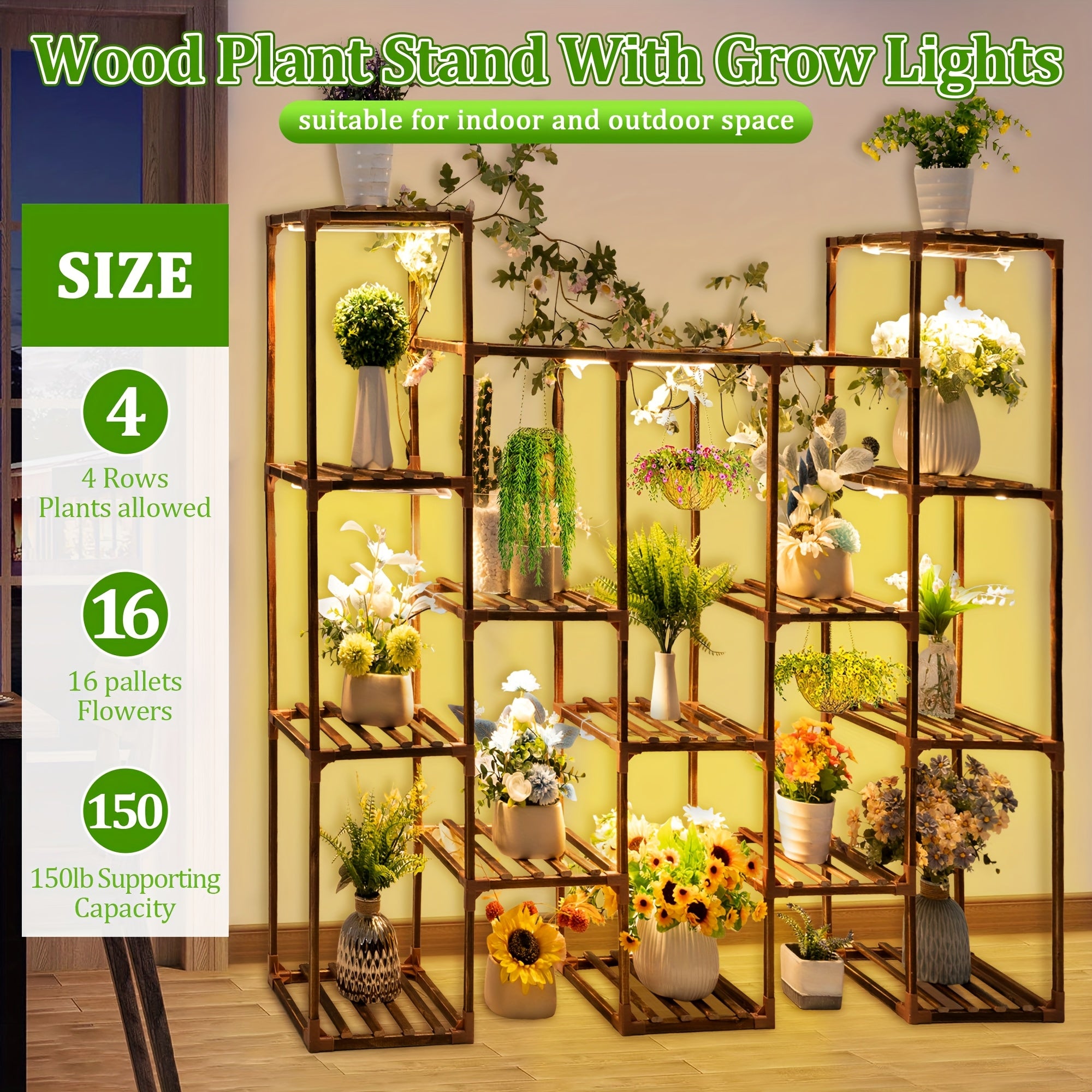 Vintage Wood Plant Stand with Full Spectrum Grow Lights - 14-Tier Corner Shelf for Indoor/Outdoor Display, Ideal for Living Room and Balcony Decor, Lightweight and Irregular Shape, Outdoor Shelf Decor|Modern Plant Shelf|Woode