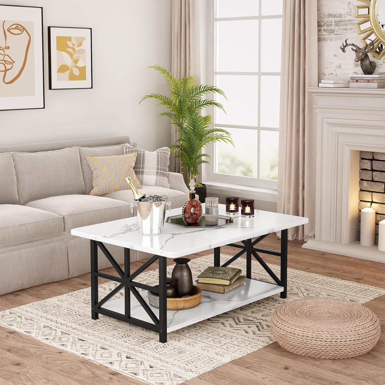 Coffee Table for Living Room, Faux Marble 2-Tier Coffee Table with MDF Broad & Metal Frame, Farmhouse Style Rectangular Center Table for Small Space, Space Saving Tea Table for Bedroom, Kitchen, Office