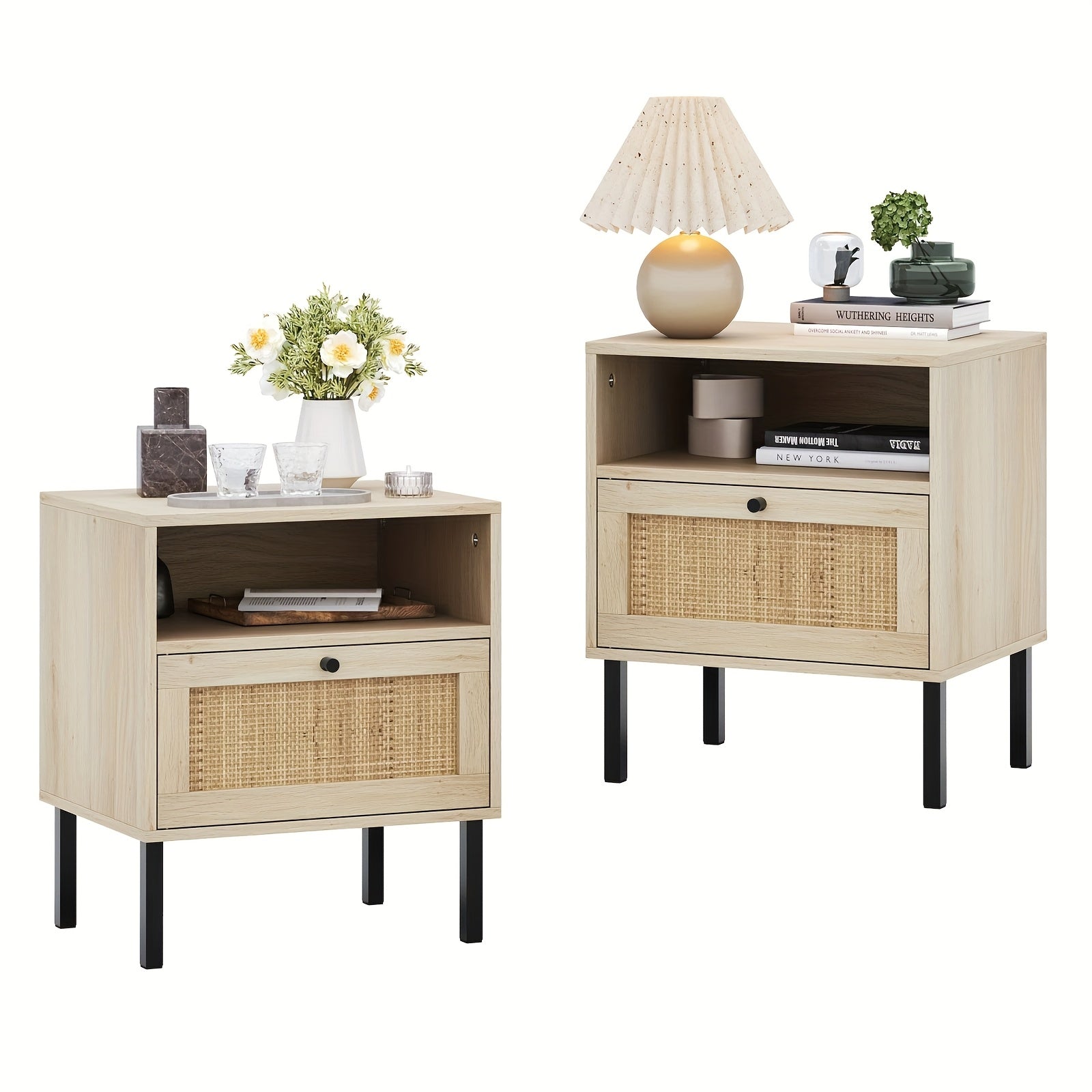 Wicker Rattan Nightstand Set 2, Bedside Table With Open Shelf And Door, Boho End Table (Set Of 2)