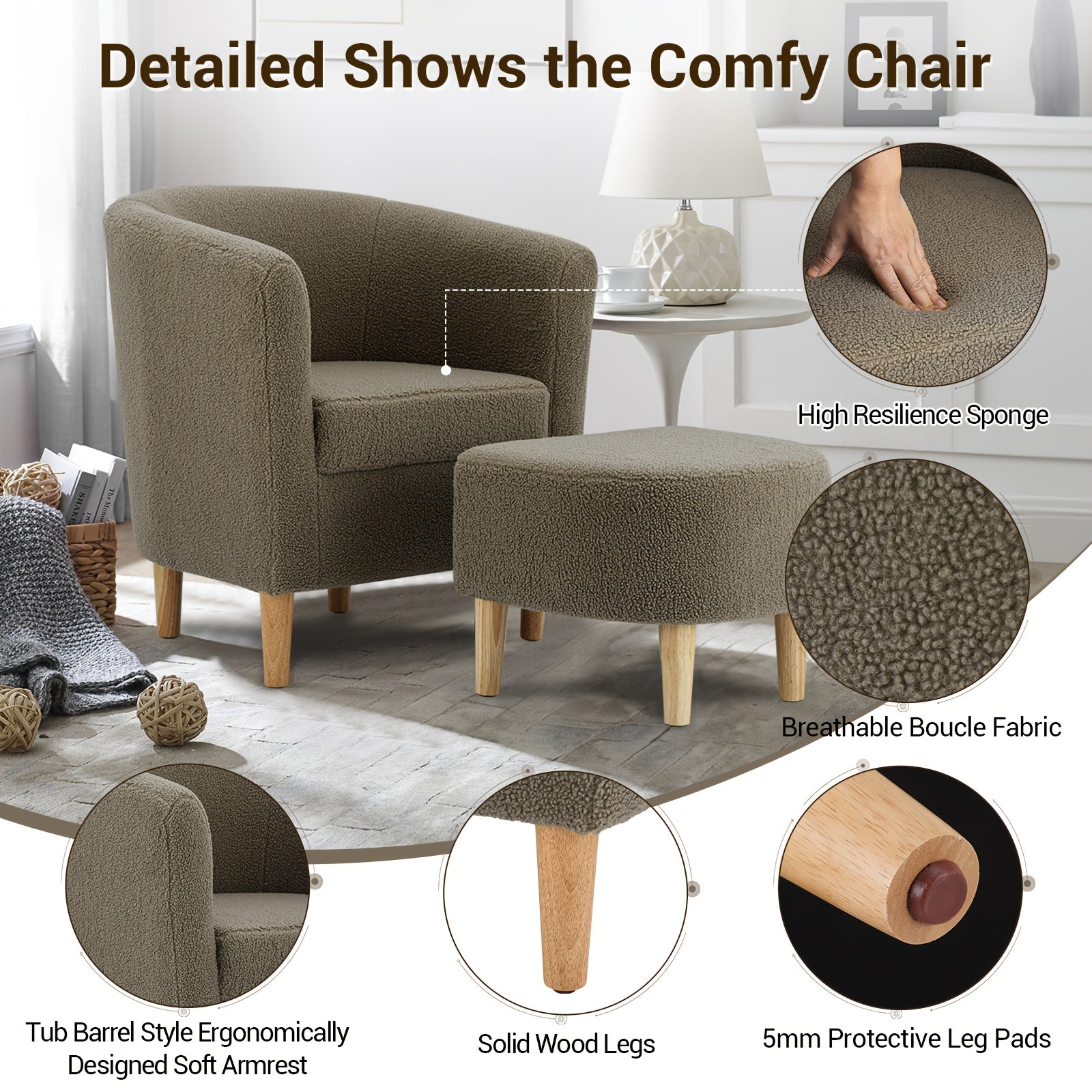 1pc Brown Sherpa Accent Chair with Ottoman - Comfy Armchair with Handrail, Solid Back, Sponge Fill, Wipe Clean, Wood and Particle Board Construction, Non-Adjustable, Ideal for Living Room, Bedroom, Reading Room - Fluffy Teddy