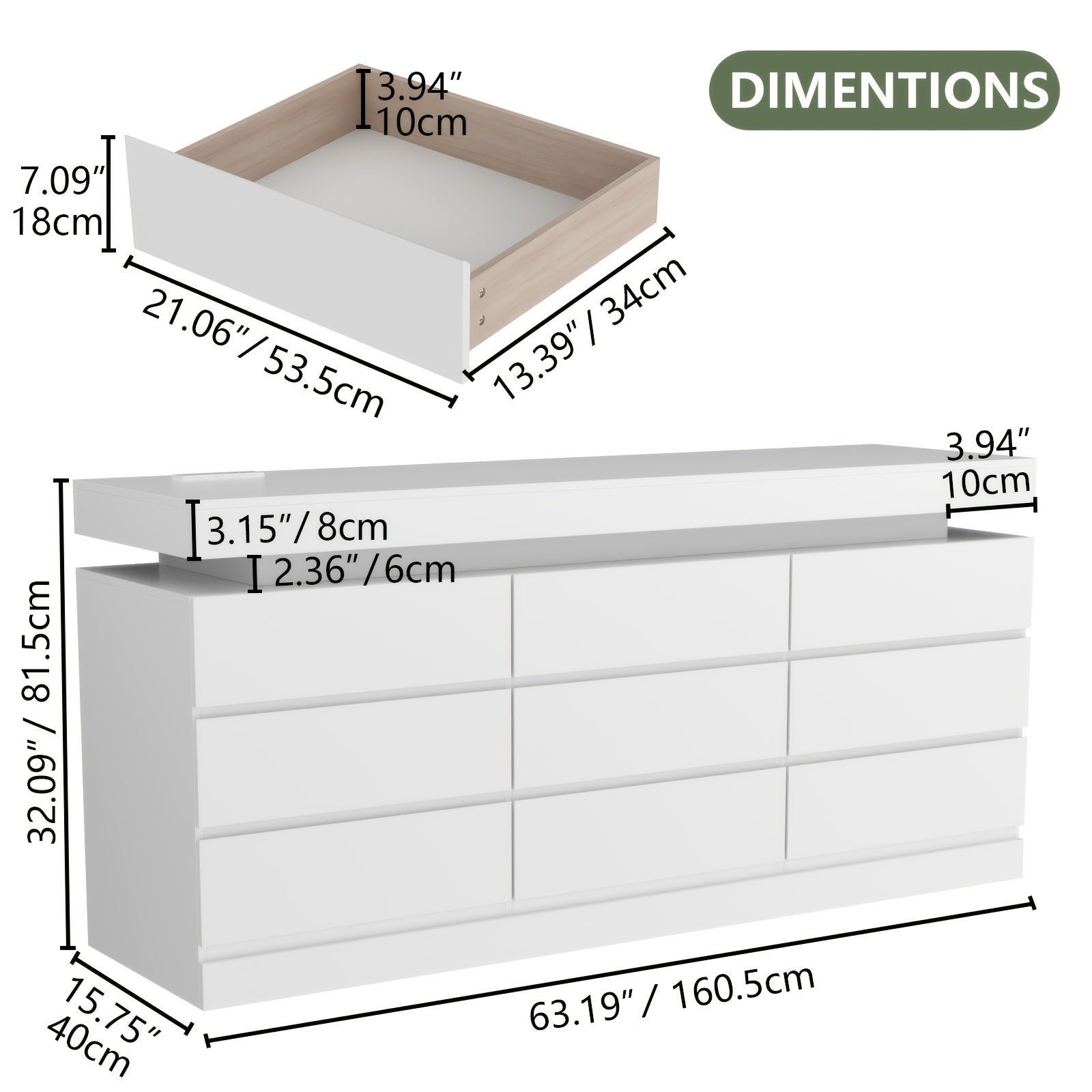 6 Drawer Dresser With Power Outlet Storage Cabinet With LED Light Modern Cabinet Organizer For Closet Double Wide