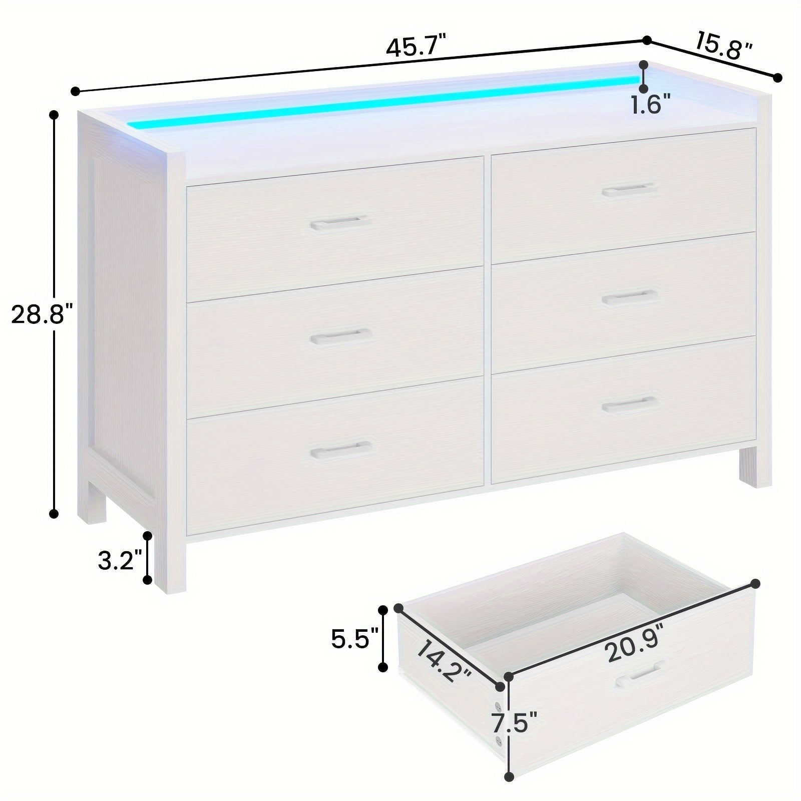Bedroom Storage Cabinet With LED Lights Large Capacity Storage Cabinet 6 Drawer Storage Cabinet White - White - Dresser