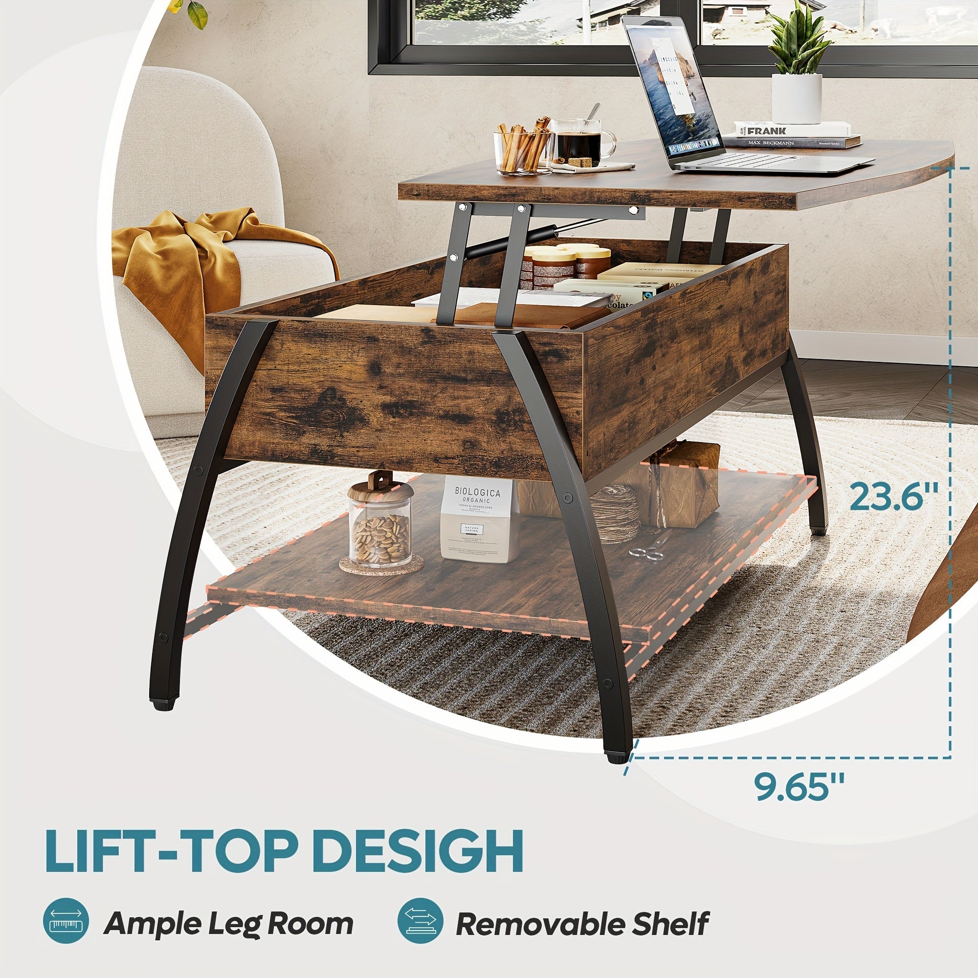 Lift Top Coffee Table With Storage, 107cm Industrial Mesh Shelve Space-Saver Table, Wooden Rising Tabletop Oval Center Table For Living Room