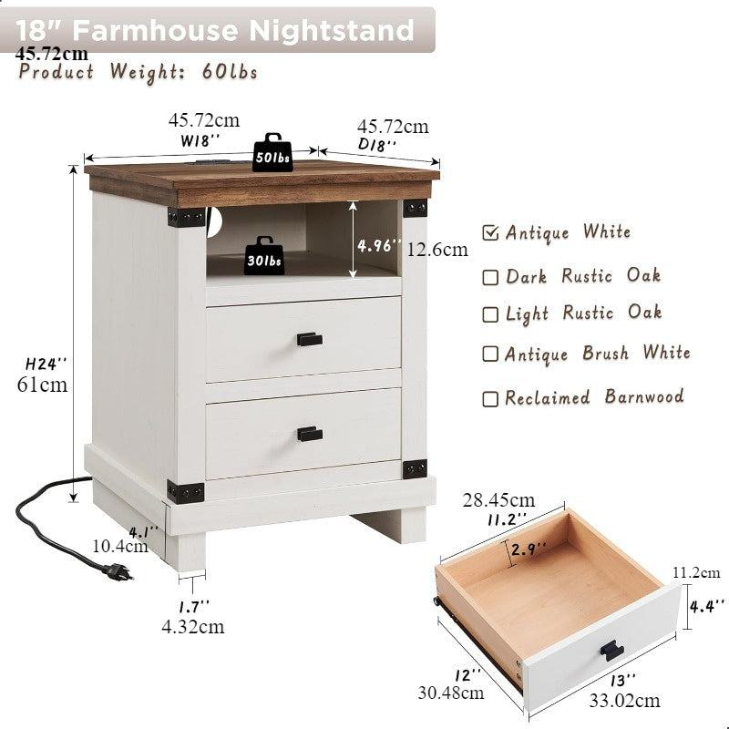 Rustic Farmhouse Nightstand with Charging Station - 18" Wood End Table with 2 Storage Drawers, Ideal for Bedroom & Living Room