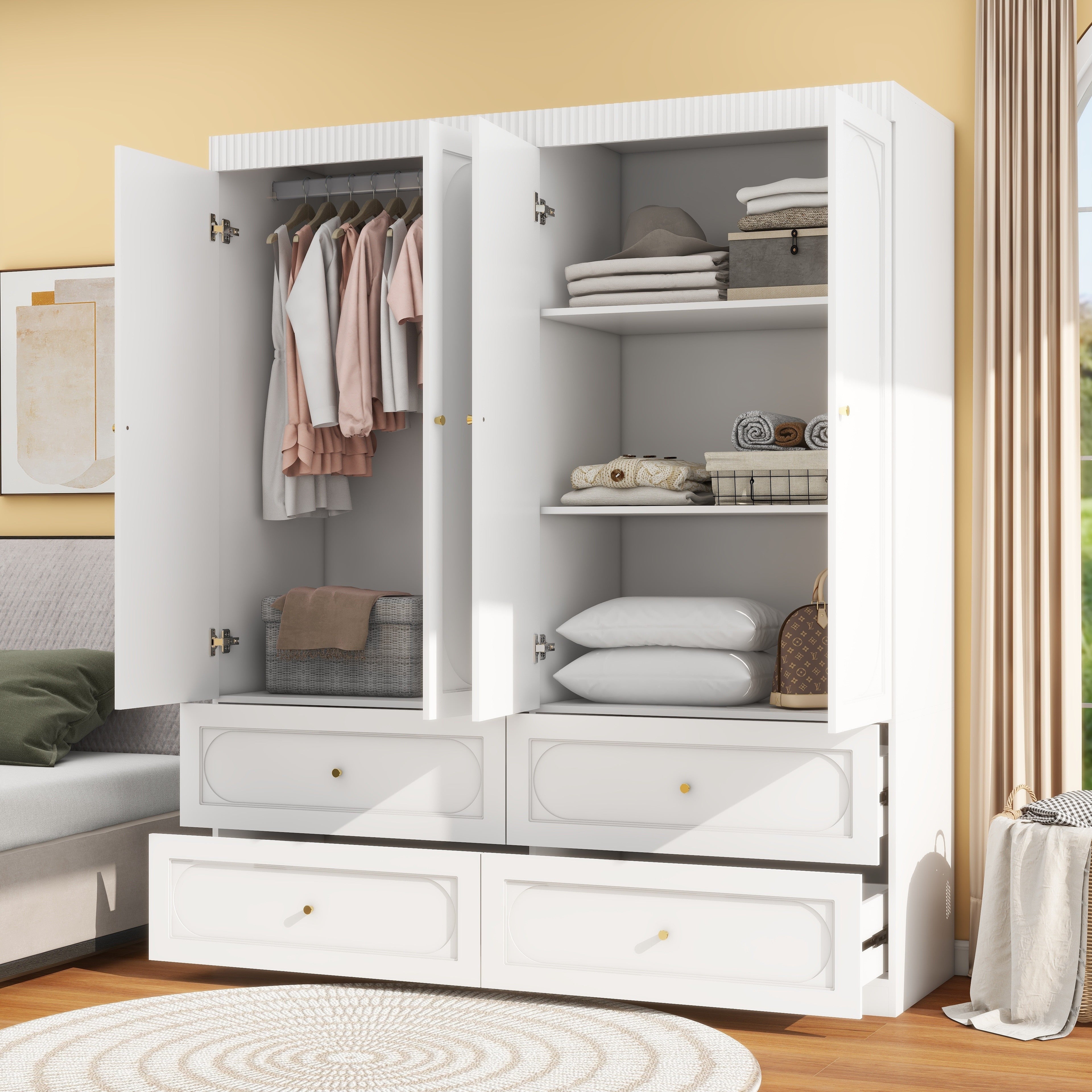 Bedroom Armoire Wardrobe Closet With 4 Drawers, 74" White Wood Closet For Hanging Clothes, Cabinet For Clothes With 4 Doors, Large Wardrobe Closet With Shelves