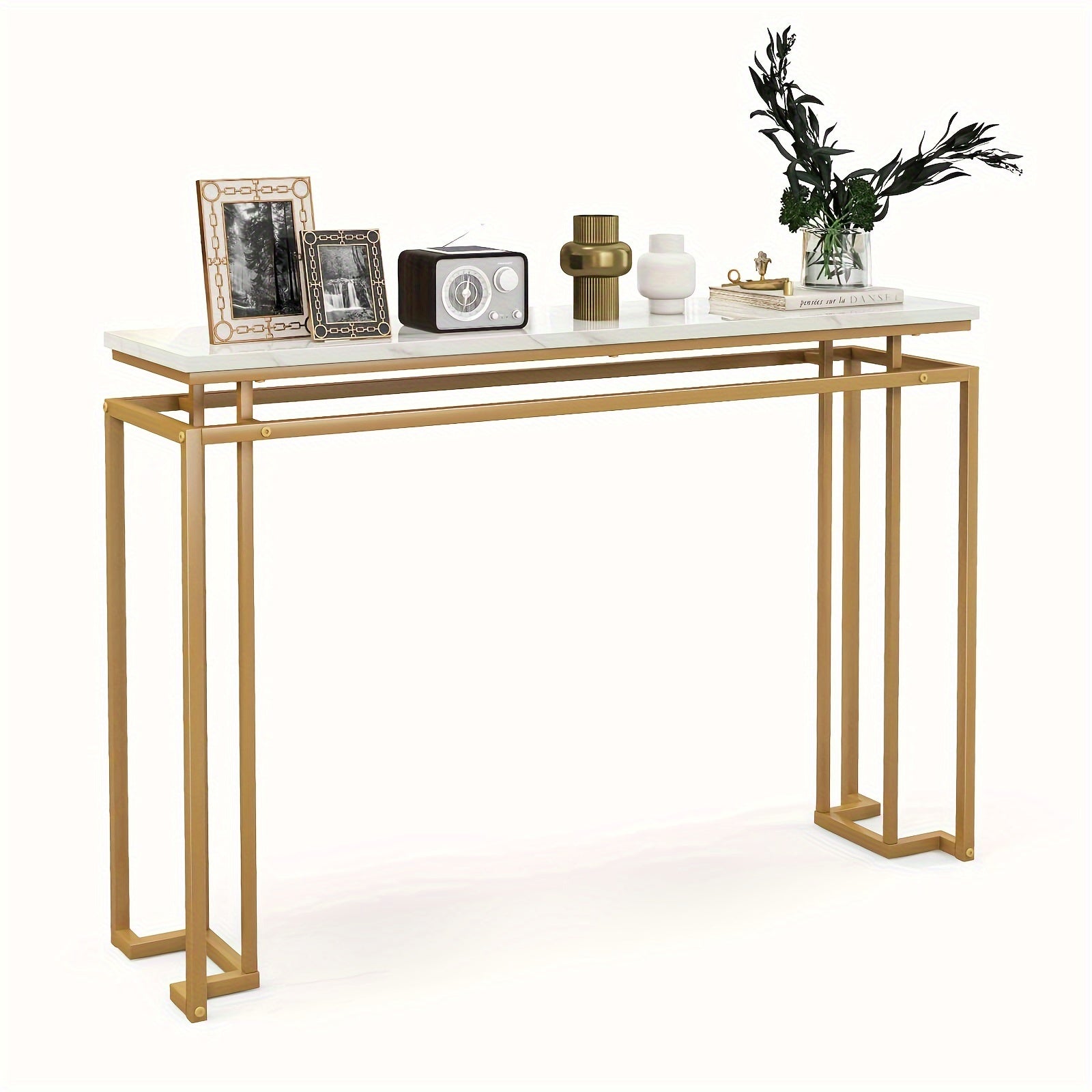 Elegant 47" White Faux Marble Top Console Table with Golden Metal Frame - Modern Entryway Table with Anti-Toppling Kit, Adjustable Feet for Stability, Waterproof & Durable - Perfect for Decor & Everyday Use, Console Table for