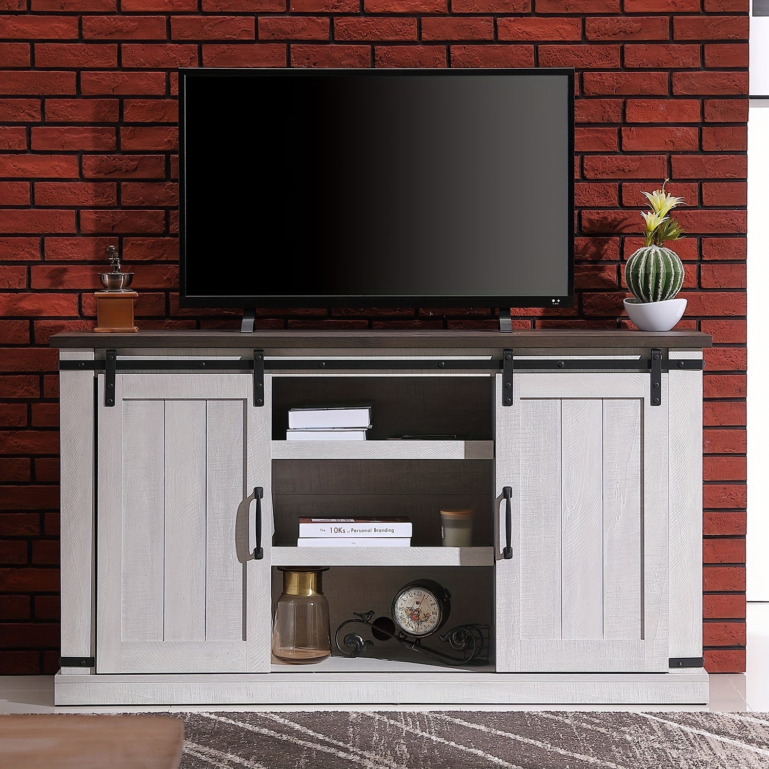 1pc Modern Farmhouse Wood TV Stand Sliding Barn Door Wood Entertainment Center Home Living Room Storage Table TV Stands