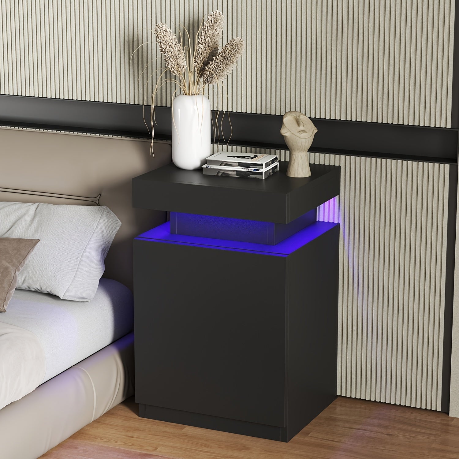 Modern Nightstand with LED Lights, Charging Station, And Sliding Top Storage, Bedside Table with Drawer for Bedroom, A Black