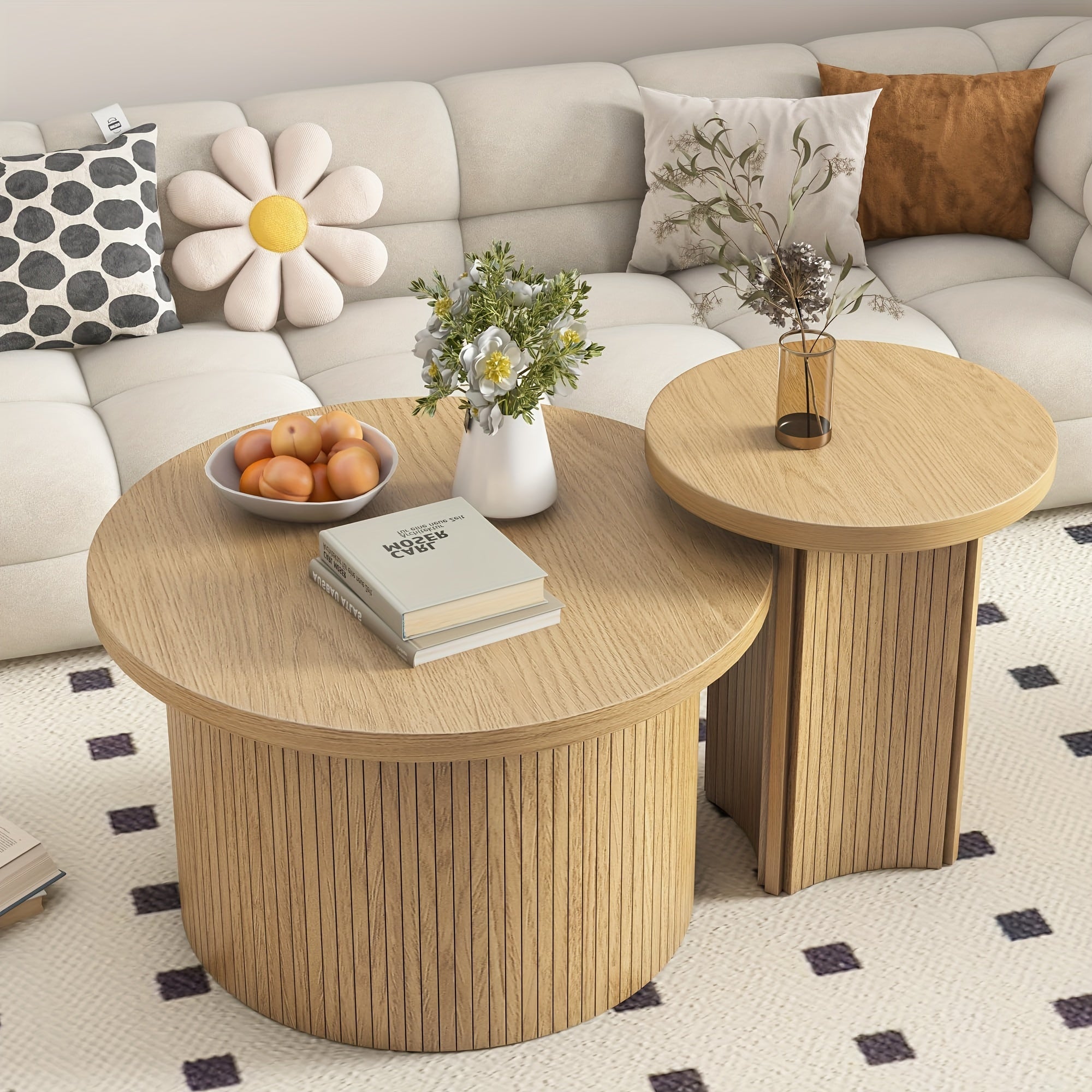 Round Nesting Coffee Table Set Of 2, Coffee Tables For Living Room, Round Coffee Table With Wood Finish, Stackable Coffee Table Set, Rustic Sofa Side Table (Large Size)