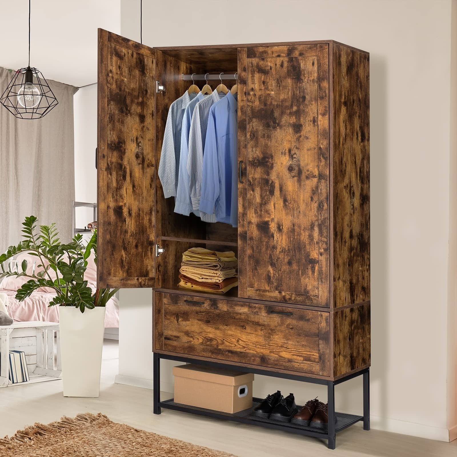 Armoire, Wardrobe Closet with Hanging Rod, Bedroom 71" Freestanding Wardrobe Cabinet with Doors, Adjustable Shelves and Drawer, Open Compartment, Rustic Brown