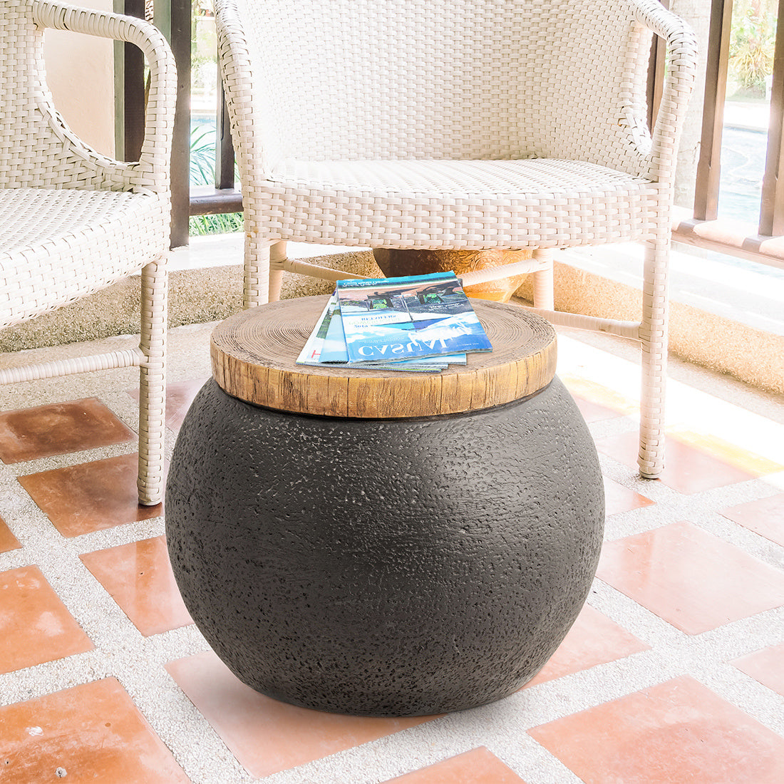 Decorative Side Table, Drum Concrete End Table with Faux Wooden Desktop, Accent Stool, Plant Stool for Patio Garden