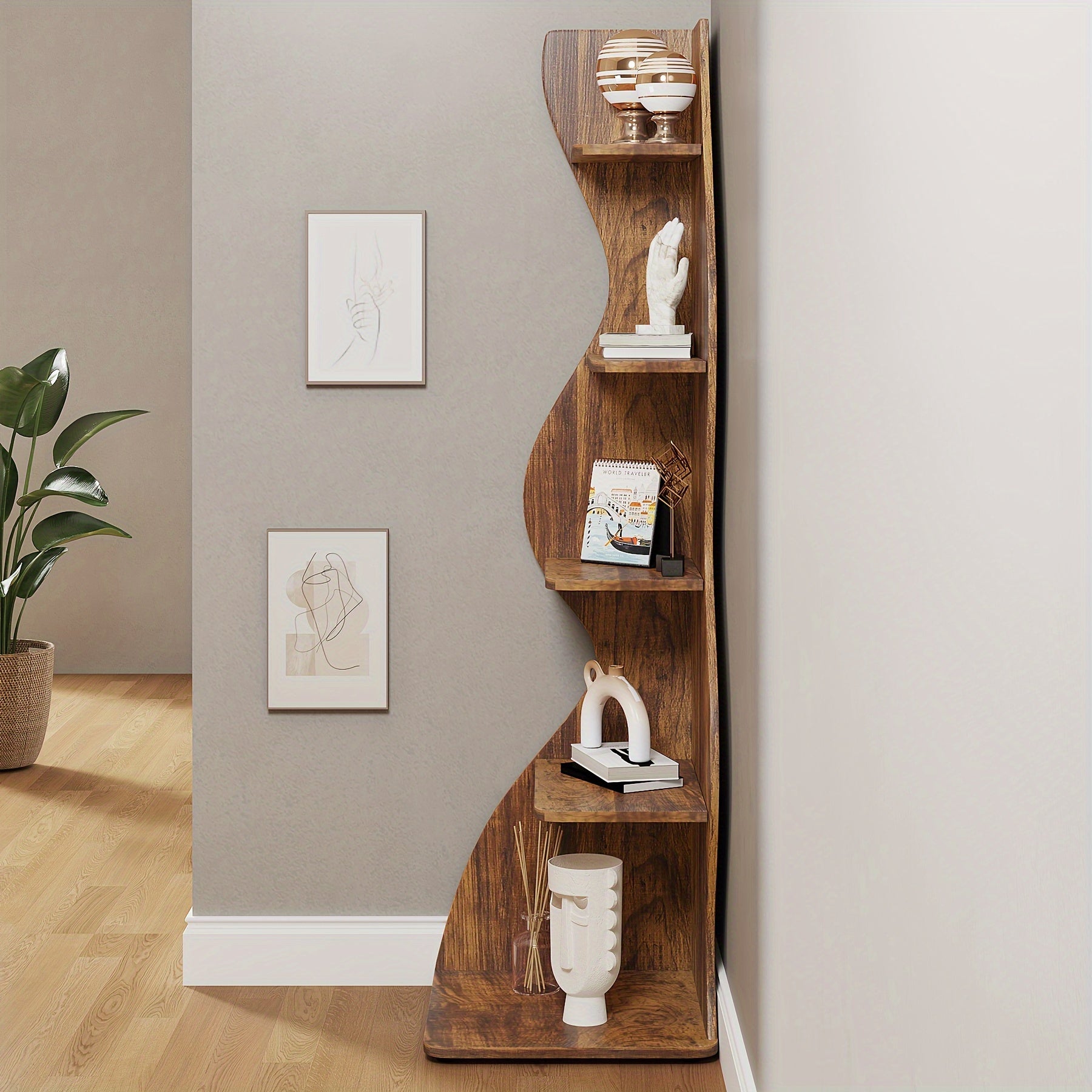 Rustic 5-Tier Wooden Corner Shelf - Space-Efficient Wall-Mounted Bookshelf with Unique Sea Grass Design Perfect