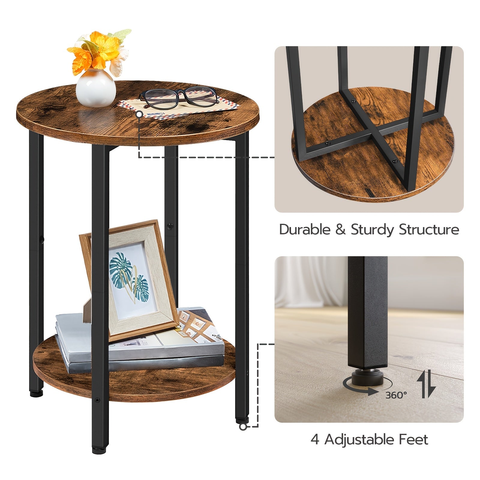 Rustic 2-Tier Round Side Table with Storage - Industrial Wood & Metal Frame, Perfect for Small Spaces, Living Room, Bedroom - Available in Rustic Brown and Greige, Accent Table, Sofa Couch Table, Stable