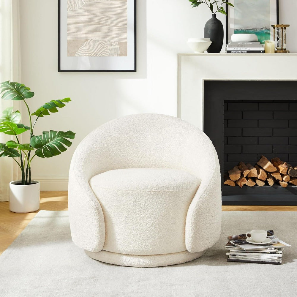 Swivel Barrel Chair, Upholstered Modern Round Accent Arm Chairs, 360° Swivel Single Sofa Armchair for Living Room and Bedroom, White Boucle