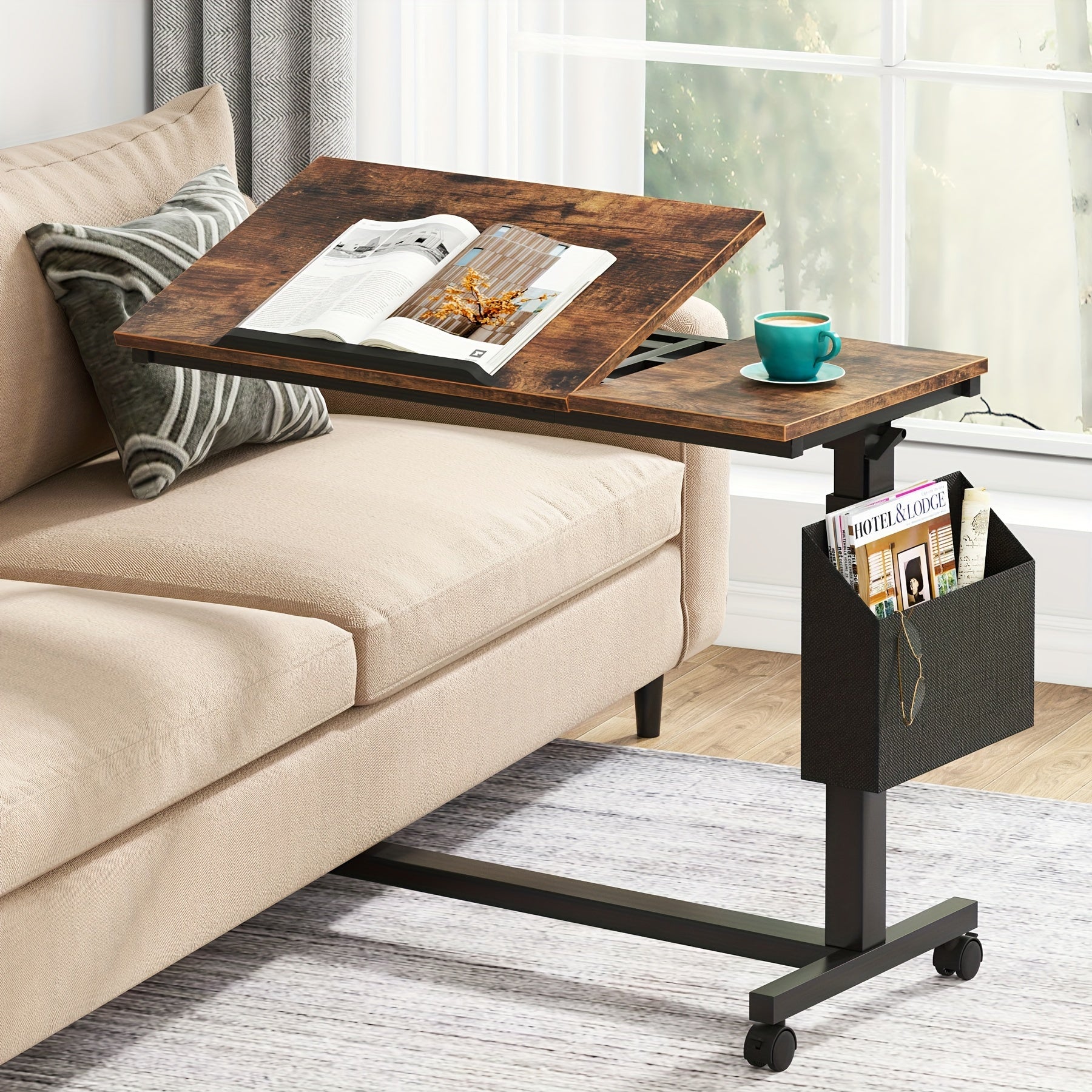 C Shaped Height Adjustable End Table with Wheels and Side Pocket, Mobile Sofa Table with Tiltable Drawing Board, Laptop Side Tray Table for Couch Bed