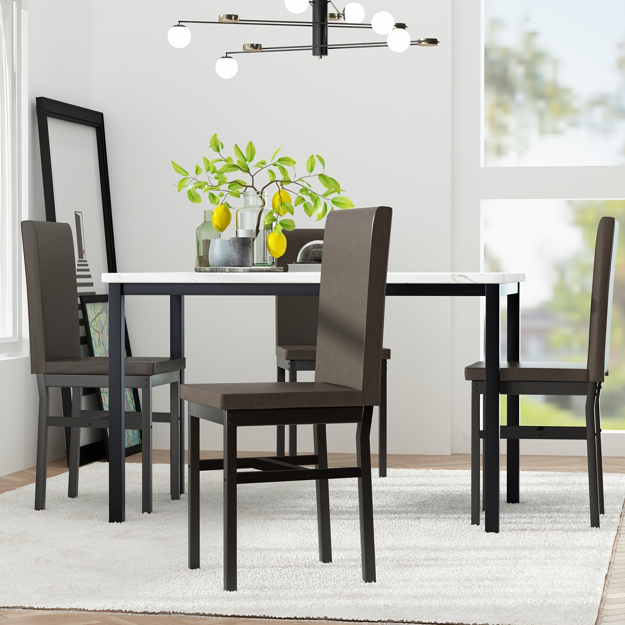 Modern Minimalist Style 5-Piece Dining Room Table Set with Faux Marble Tabletop, 4-Person Counter Height Dining Table Set with PU Leather Upholstered Chairs and Sturdy Metal Frame, Space Saving Design Bar Table Set for Living