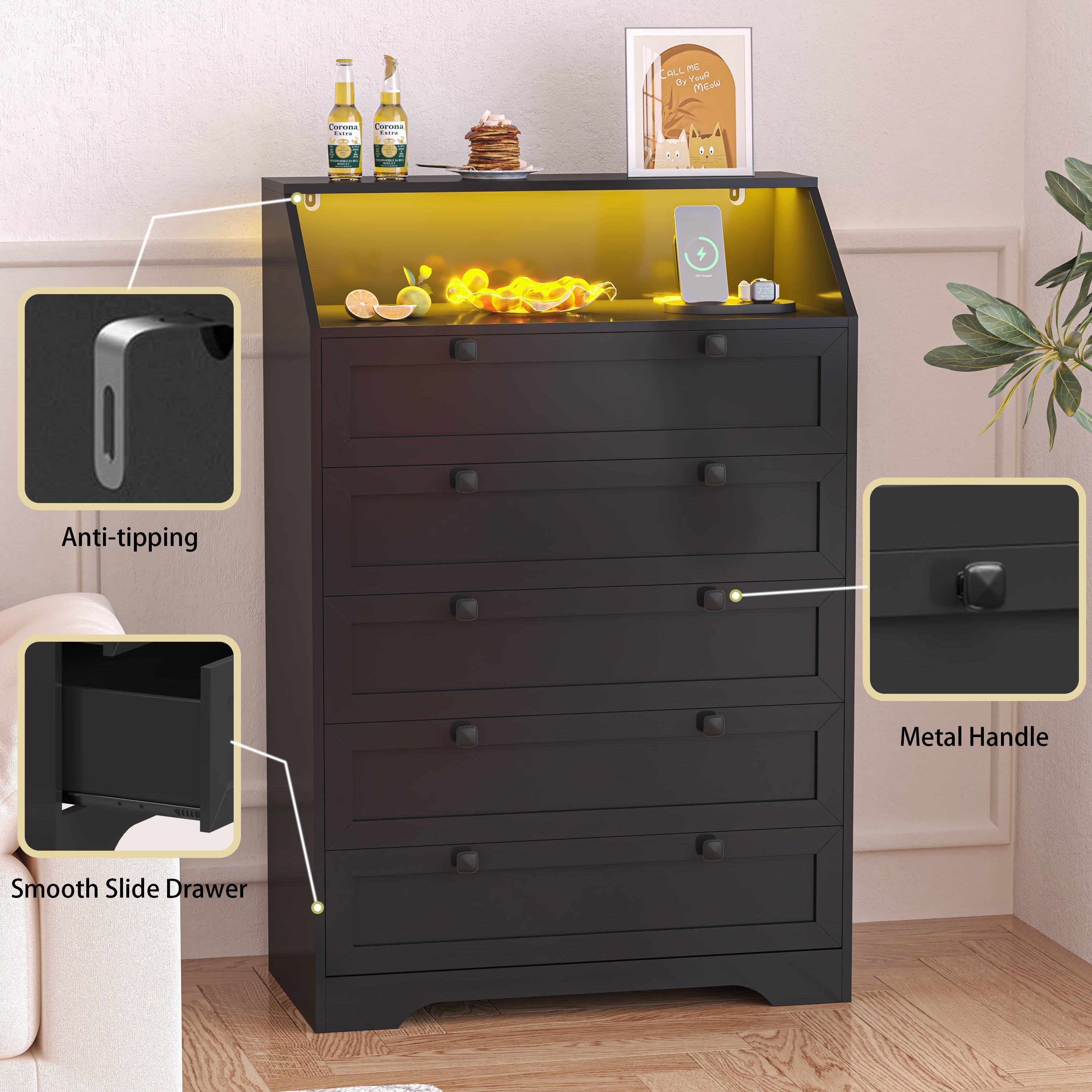 Elegant 5-Drawer LED Dresser with Charging Station - Classic Black Wooden Chest of Drawers, Deep Storage & Organization for Bedroom, Living Room, Hallway, with Illuminated Top Display, Hallway Furniture|Classic Dresser Design