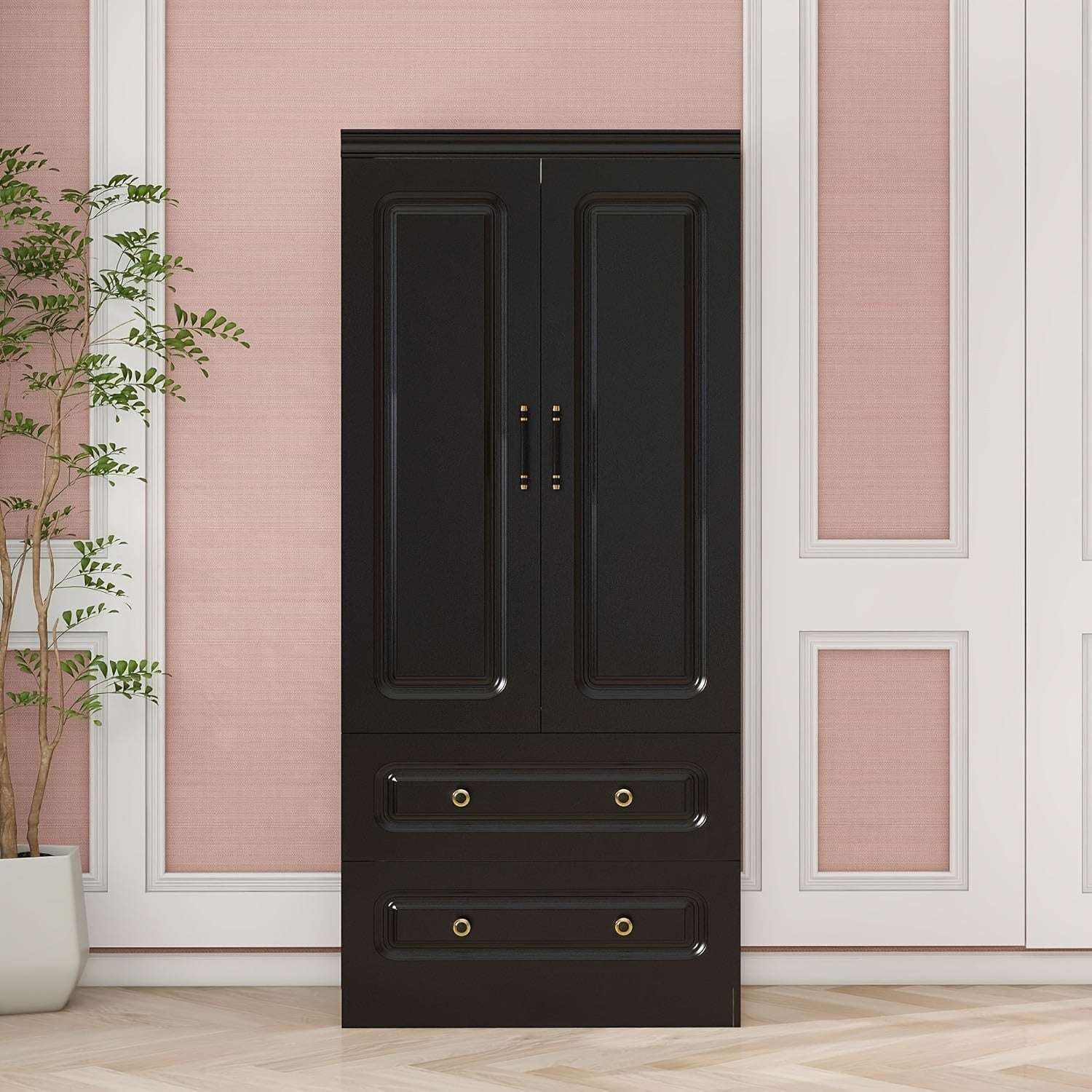 Wooden Armoire Wardrobe Closet With 2 Doors, 2 Drawers, Hanging Rod, And Shelves Large Capacity Modern Clothes Storage Wardrobe Cabinet For Bedroom Armoire, Black