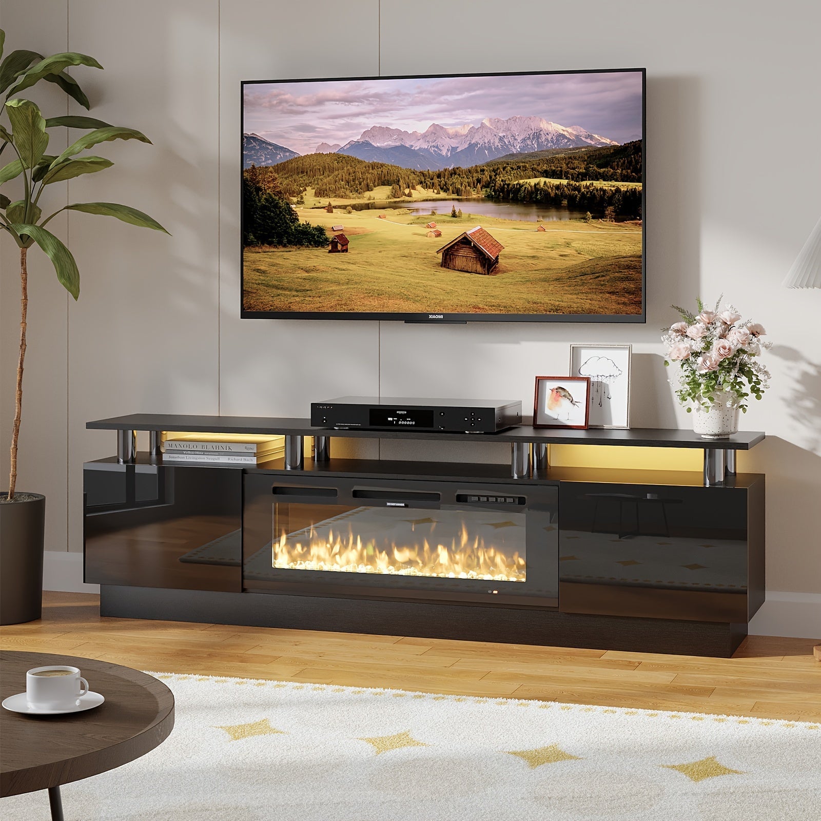 Fireplace TV Stand With 36" Fireplace, Modern High Gloss Fireplace Entertainment Center LED Lights, TV Console Cabinet For TVs Up To 80"