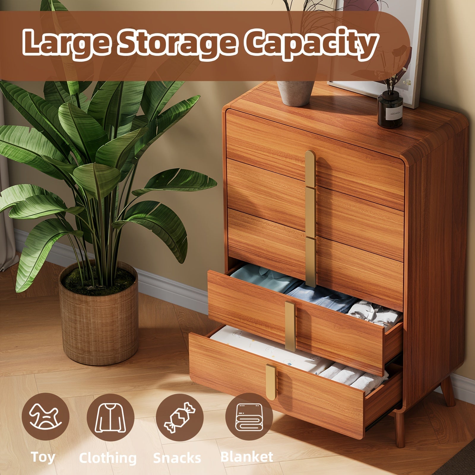 Mid-Century Modern 5/6 Drawer Dresser - Cherry Wood Finish 47.2’’ Tall with Metal Handles for Bedroom Living Room &
