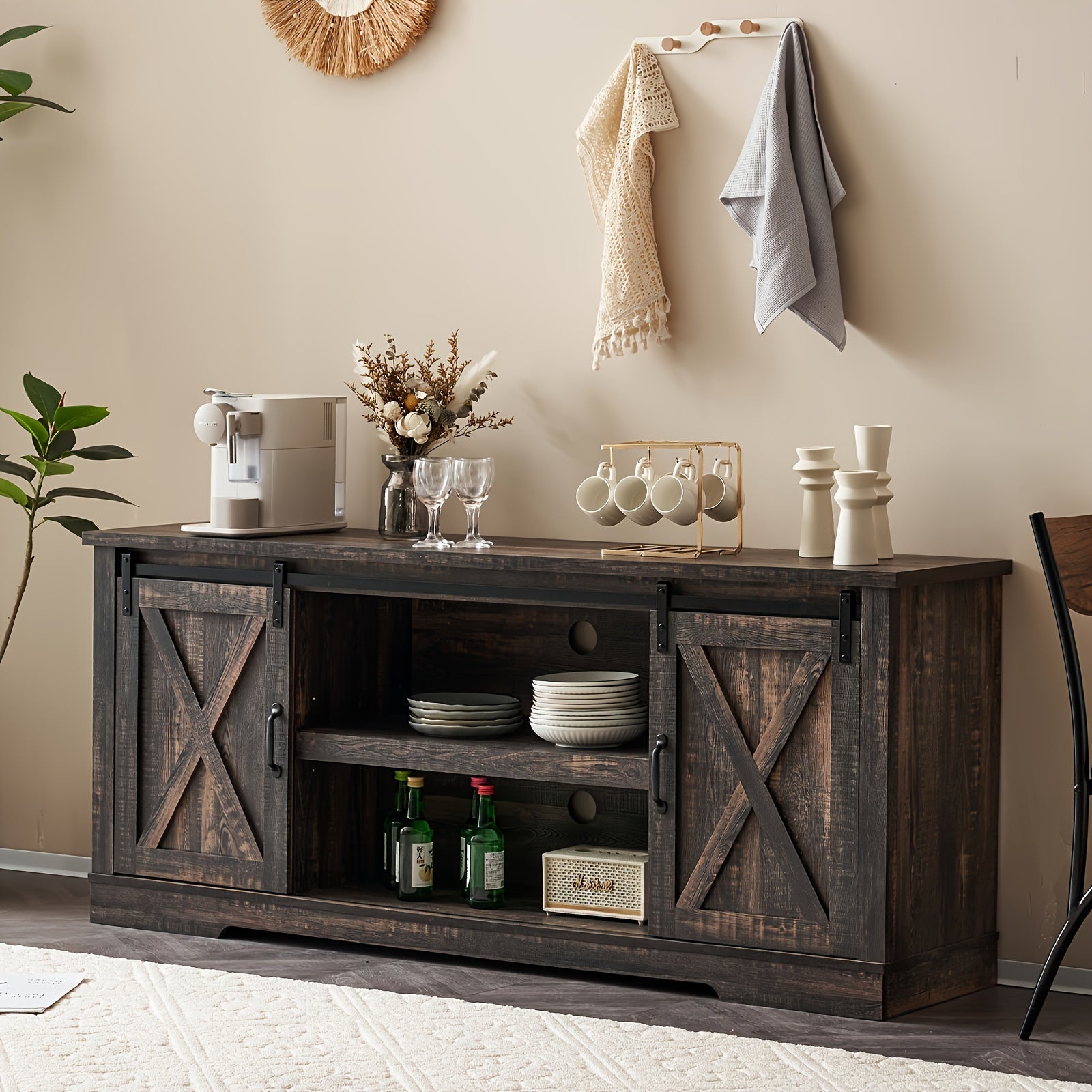 66" Farmhouse TV Stand for 75" TVs, Entertainment Center with Sliding Barn Doors, Adjustable Shelves and Feet, Storage Console Table