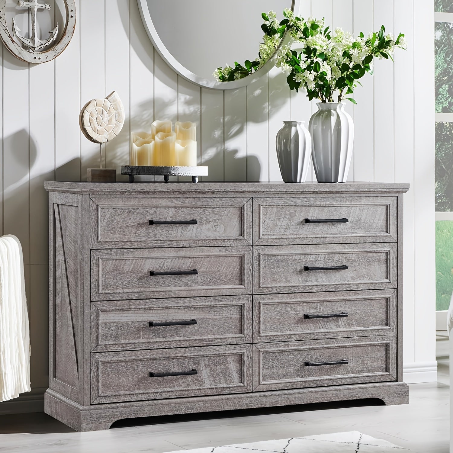 Farmhouse 8 Drawers Dresser Chests For Bedroom, 52" Wide Wood Rustic Chest Of Drawers With Metal Handle, Natural Texture, Drawer Organizer For Bedroom, Living Room, Hallway And Entryway