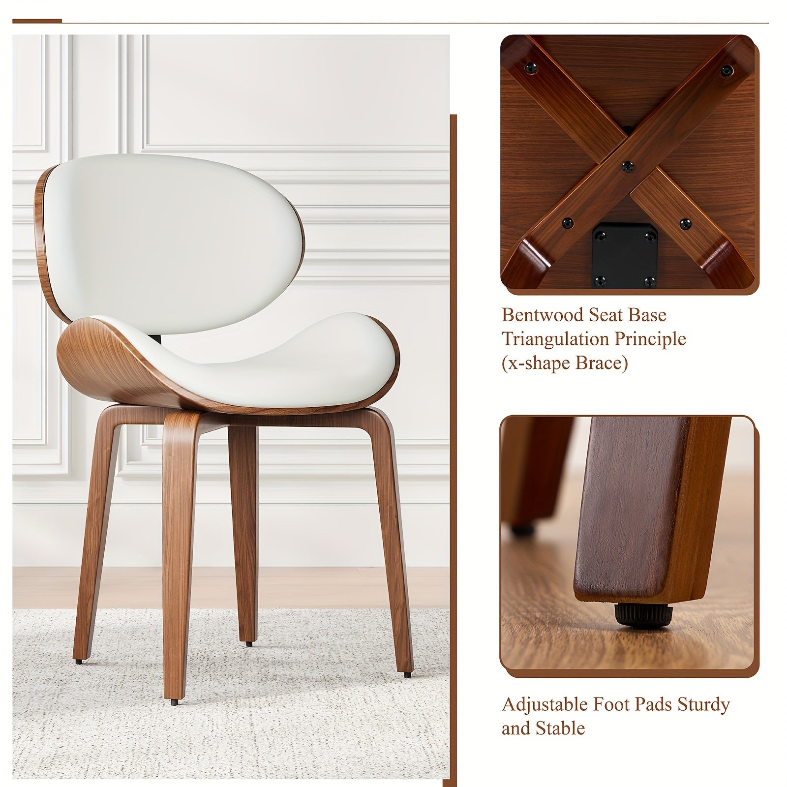 Set Of 4 Mid-Century Modern Dining Chairs Faux Leather Seats With Walnut Bentwood Backs And Adjustable Solid Wood Legs