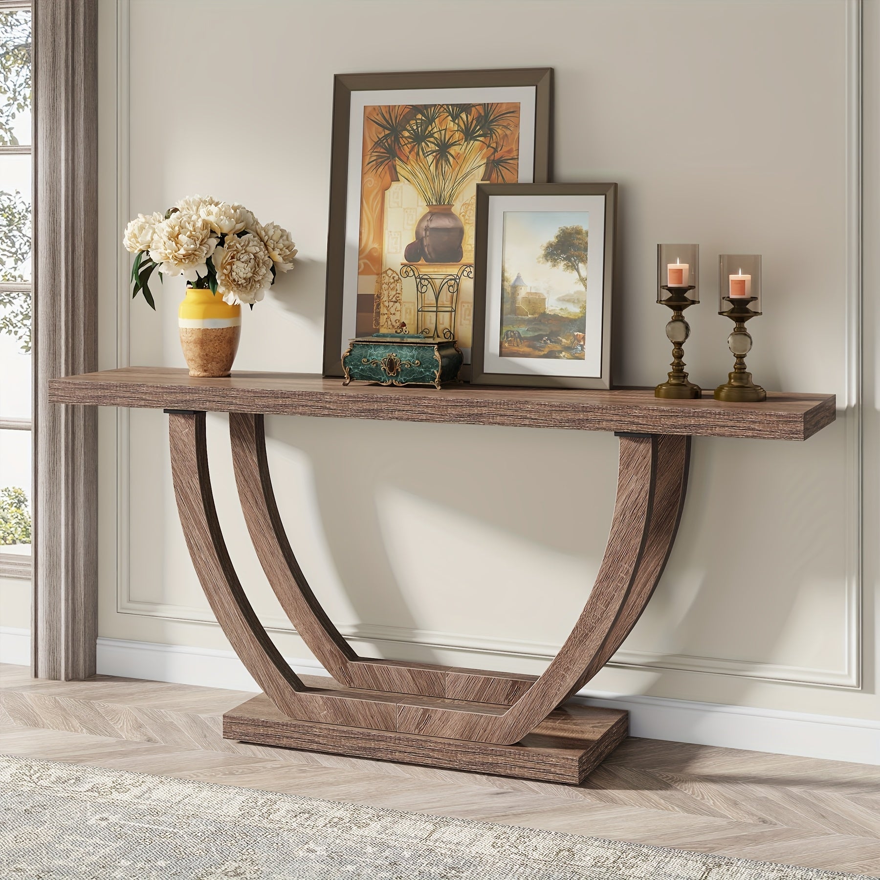 Console Entryway Table Farmhouse: 63 Inches Sturdy Wood Console Table for Entryway, Narrow Long Foyer Sofa Table with Geometric Legs for Hallway, Entrance, Reception Room