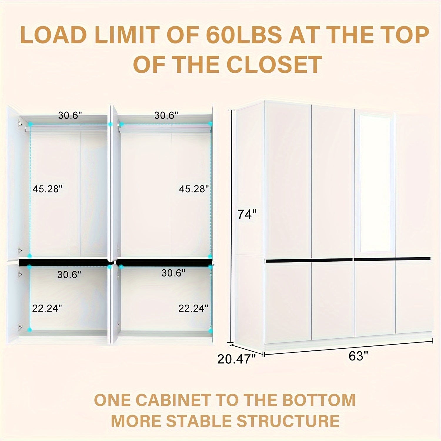 74’’H Wooden Armoire Wardrobe Closet - 4 Doors Closet Cabinet With Hanging Rod & Shelf For Bedroom Storage - White