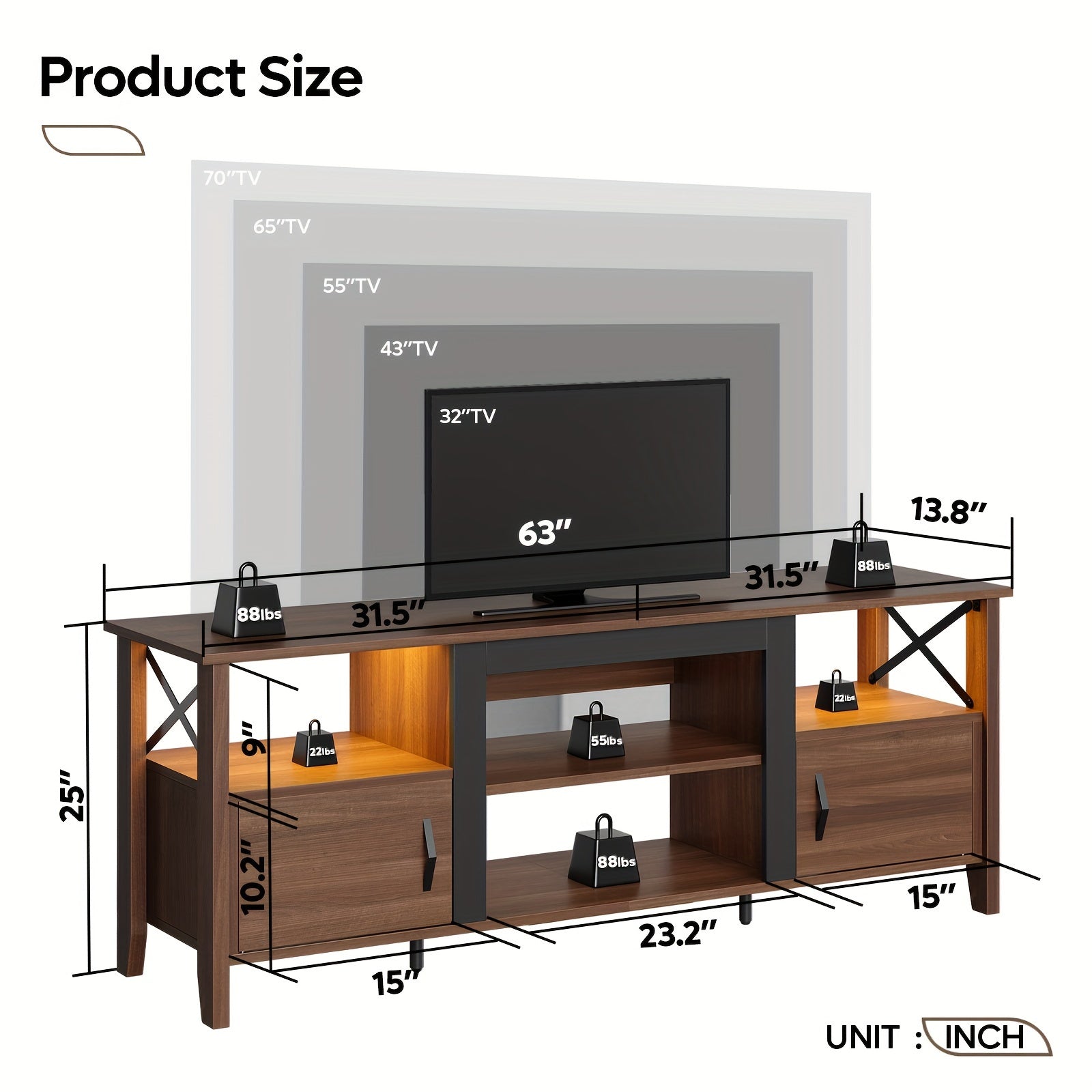 Farmhouse TV Stand For 70 Inch TV, Gaming Entertainment Center With LED Lights, 63'' Inch TV Console With 2 Storage Cabinets And Shelf For Living Room, Sturdy, Easy To Assemble - Perfect For Living Room