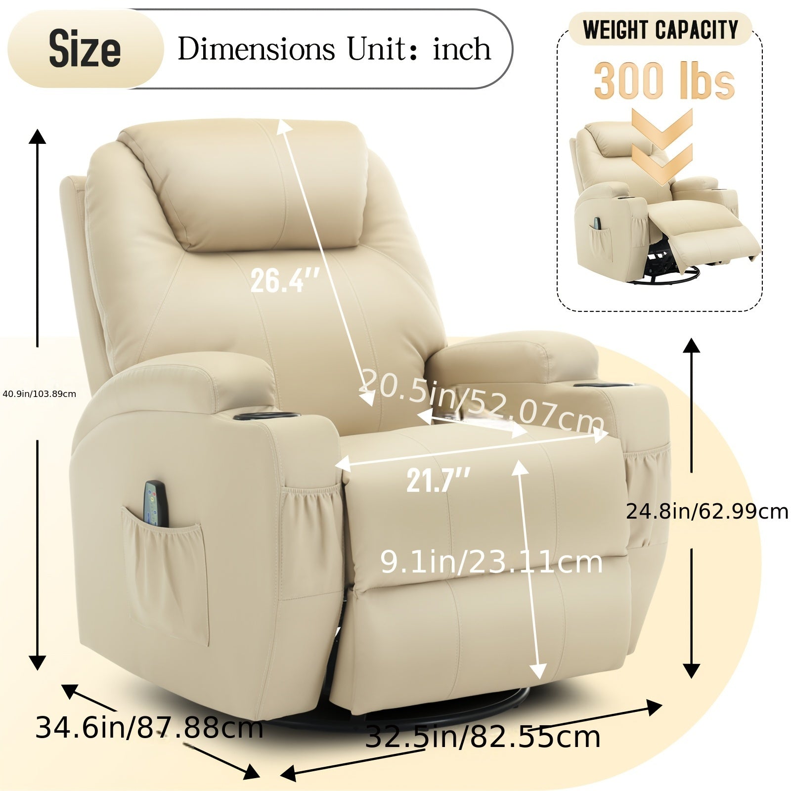 Luxurious Beige Faux Leather Recliner Chair with Heat & Vibration Massage | 360° Swivel Rocker, Side Pocket, Cup Holder | Ideal for Living Room, Bedroom, Conference Room | Powered by 110V/220V