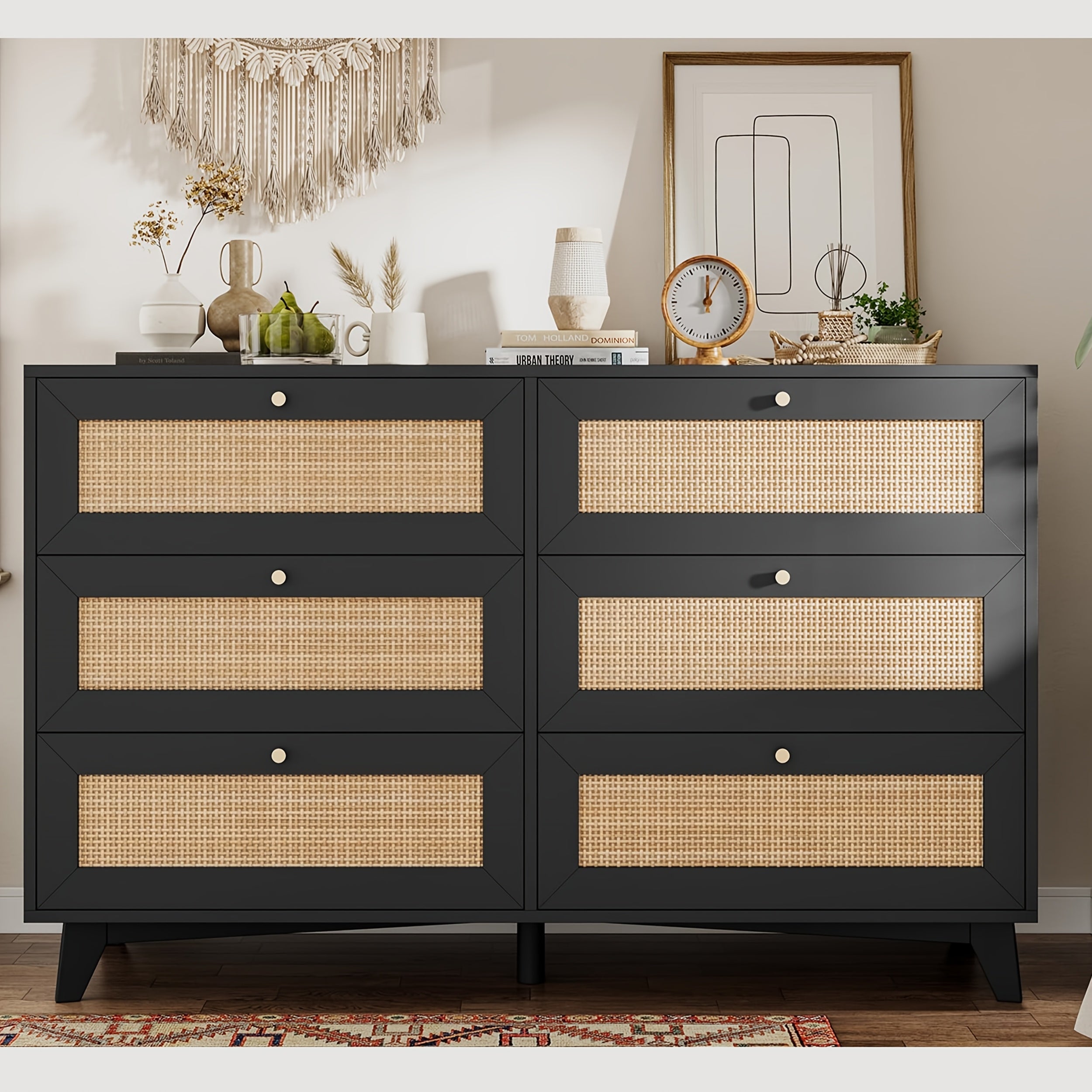 47.2''Natural Color Rattan Dresser For Bedroom With 6 Drawers, Modern Double Wooden Wide Bedroom Dresser, Chest Of Drawers With Metal Handle & Solid Wood Legs For Bedroom/Living Room, (Natural Color/Black)