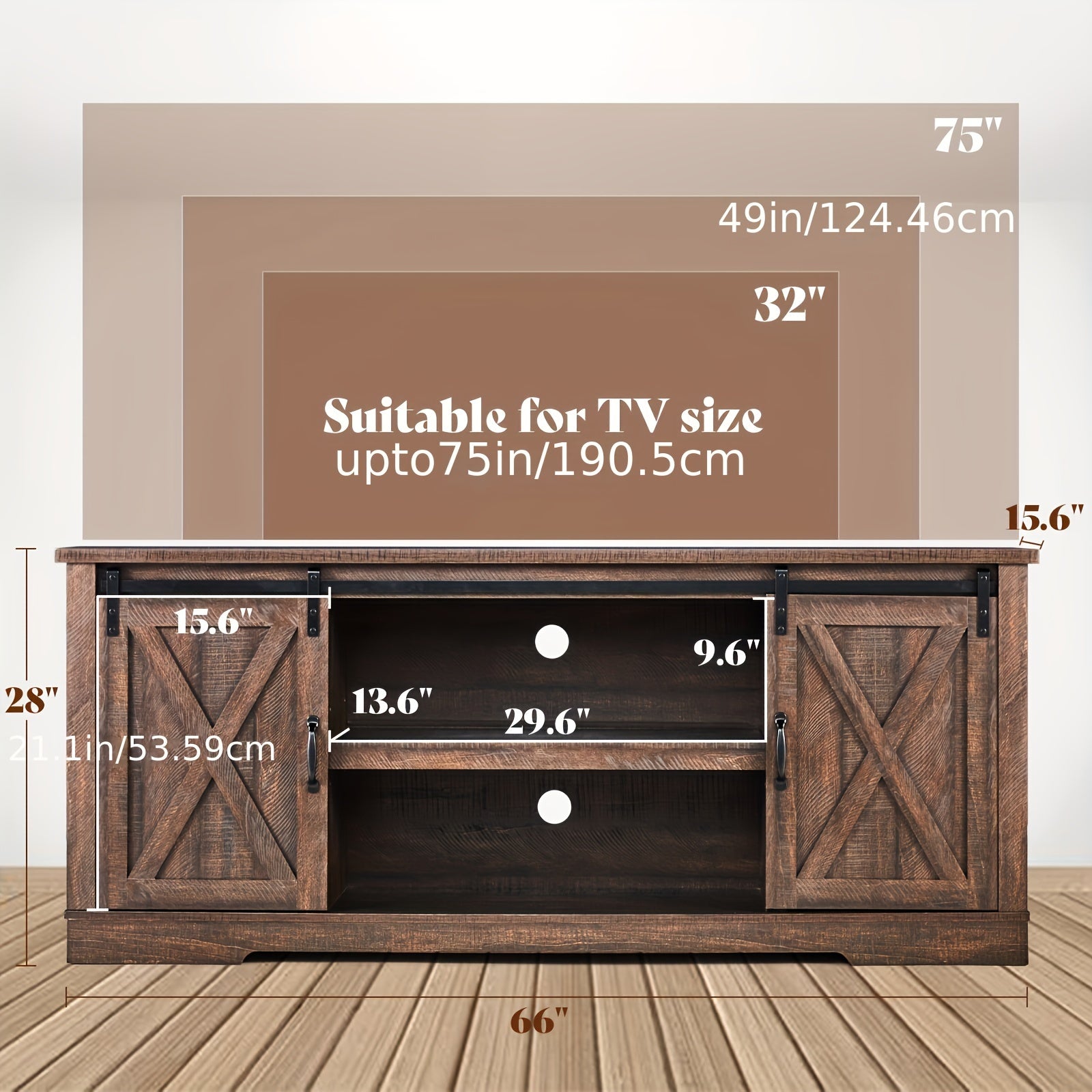 66" Farmhouse TV Stand for 75" TVs, Entertainment Center with Sliding Barn Doors, Adjustable Shelves and Feet, Storage Console Table