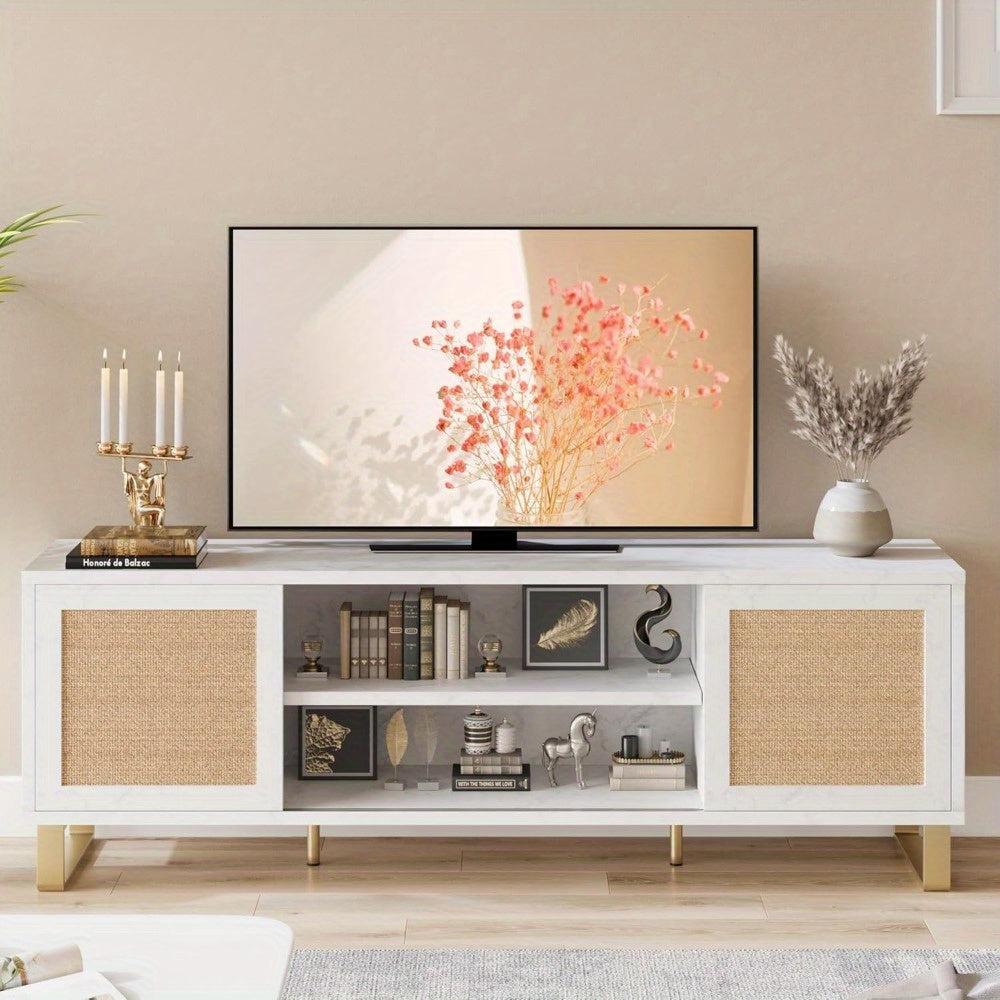 65" TV Cabinet, Rattan Entertainment Center Modern TV Console Table White TV Cabinet with Storage, Doors and Shelves, Easy To Assemble, Low TV Console Media Cabinet Furniture for Living Room Bedroom