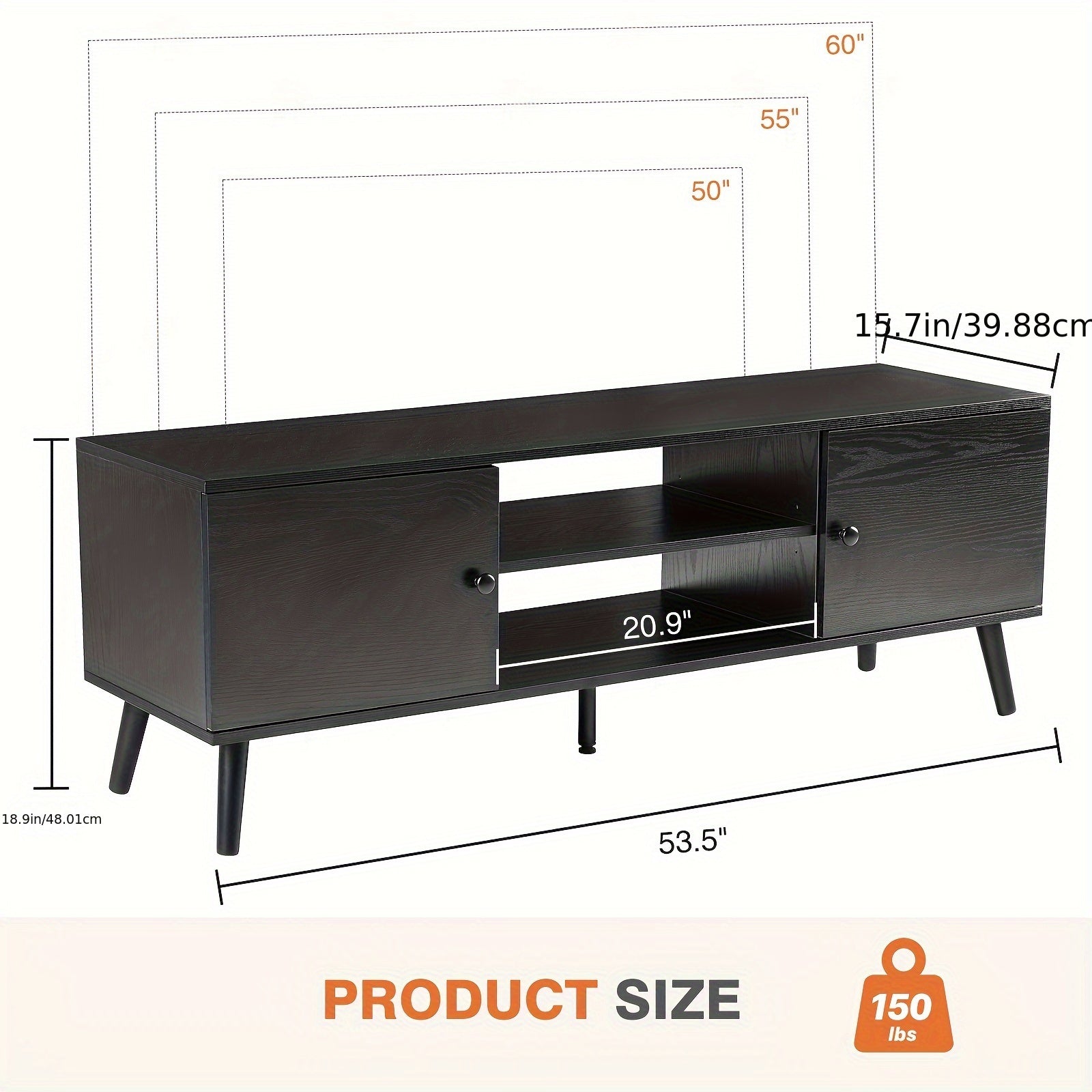 TV Stand for 55 60 inch Television, Entertainment Center with Storage, 2 Cabinet Media Console Table, Soft Hinge Door with Handle, Wood Feet, Office Furniture