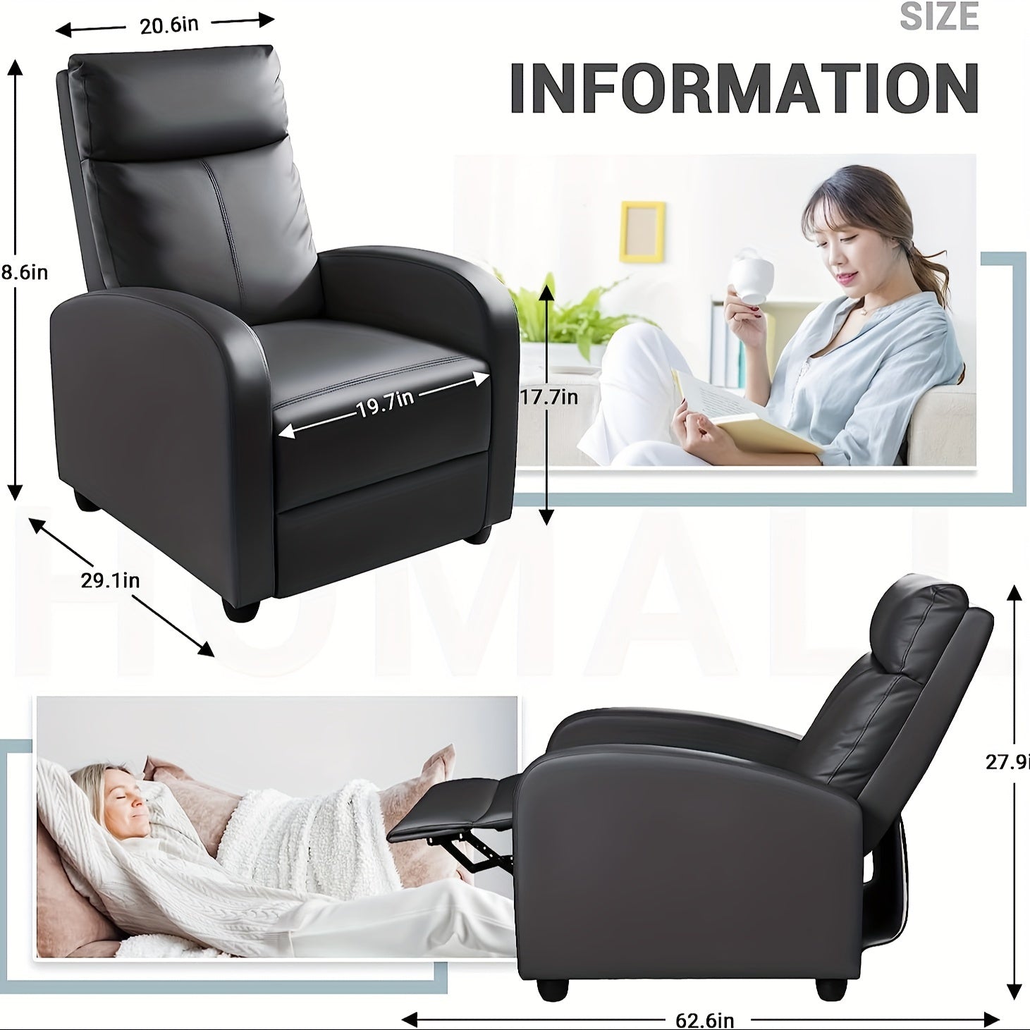 Recliner Chair Breathable Padded PU Leather Massage Single Sofa Recliners for Small Recliner Chair with Footrest Home Theater Seating for Bedroom Living Room