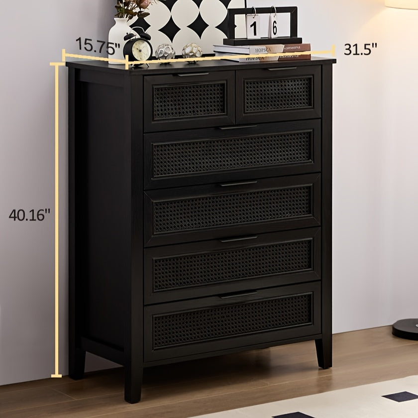 Black Dresser 6 Chests of Drawers for Bedroom Tall Dresser Black Rattan Drawer Dresser Modern 6 Drawer Dresser