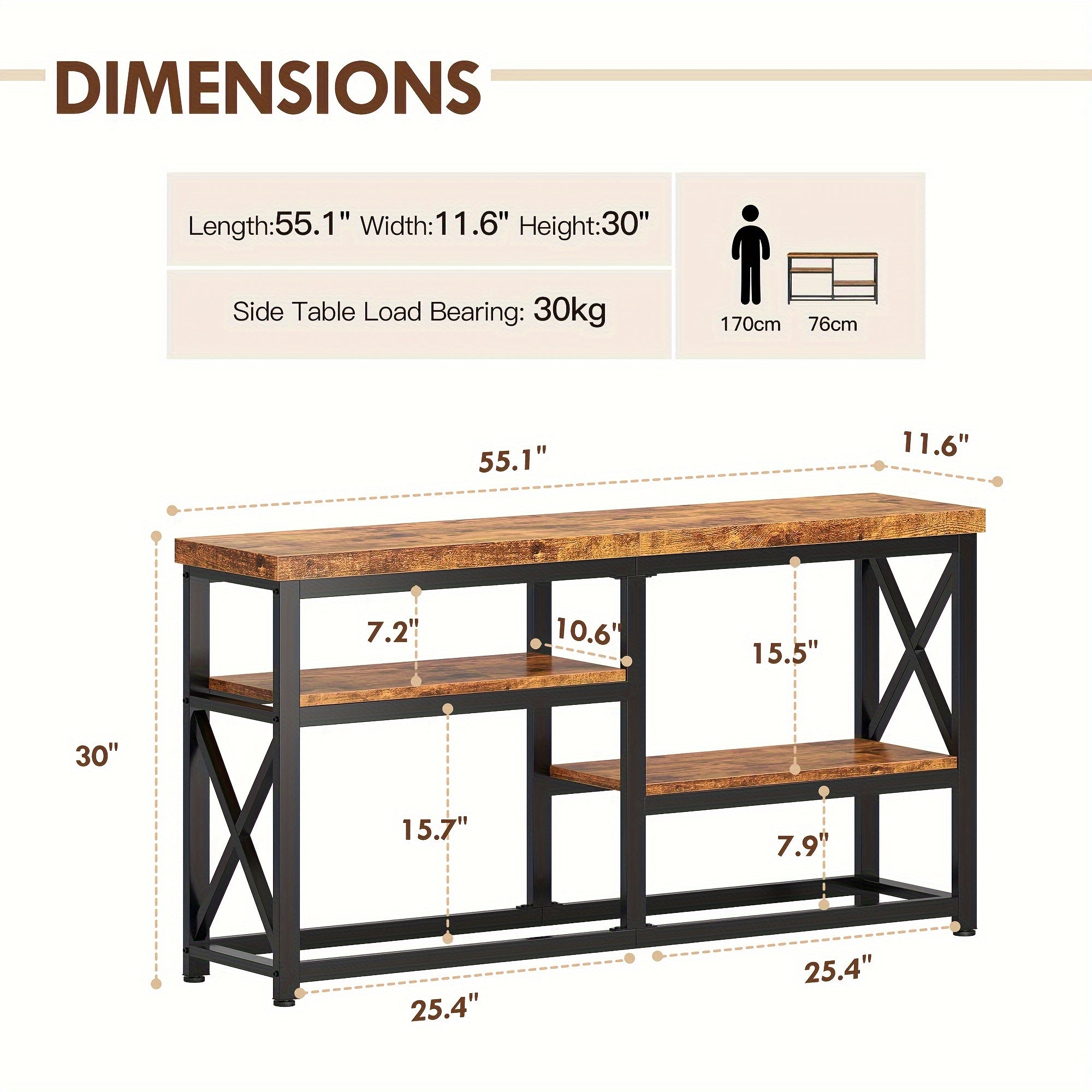 55-Inch Narrow Sofa Console Table, Hallway Table With 3-Tier Wooden Shelves And Industrial Metal Frame, Ideal For Entryway, Hallway, Or Living Room Behind Couch