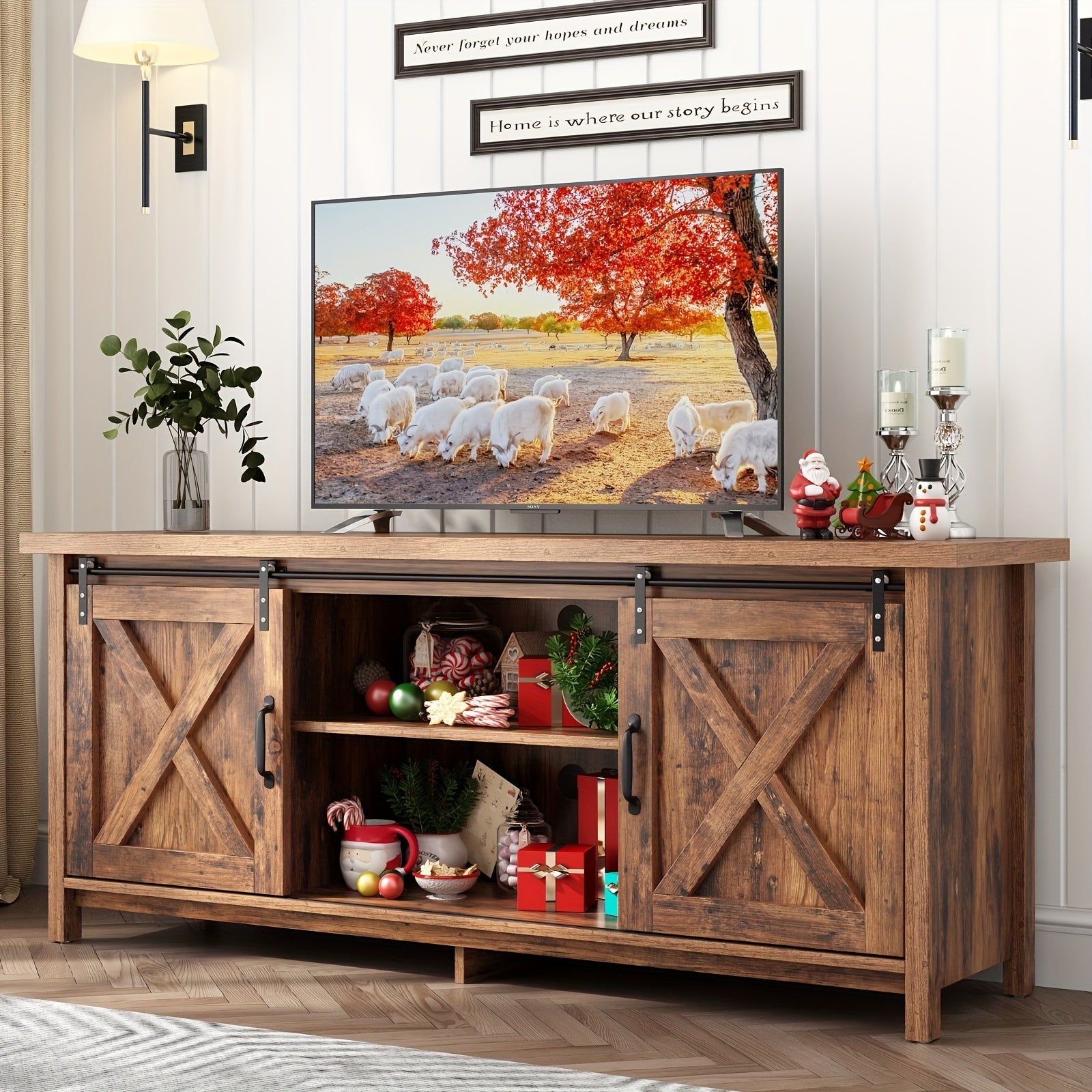 58'' Rustic Wooden Entertainment Center W/Adjustable Storage Shelves, Sliding Barn Door, Mid Century TV Console Media Cabinet For Bedroom Living Room