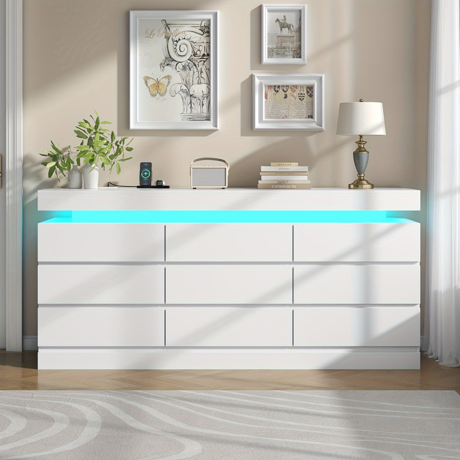6 Drawer Dresser With Power Outlet Storage Cabinet With LED Light Modern Cabinet Organizer For Closet Double Wide