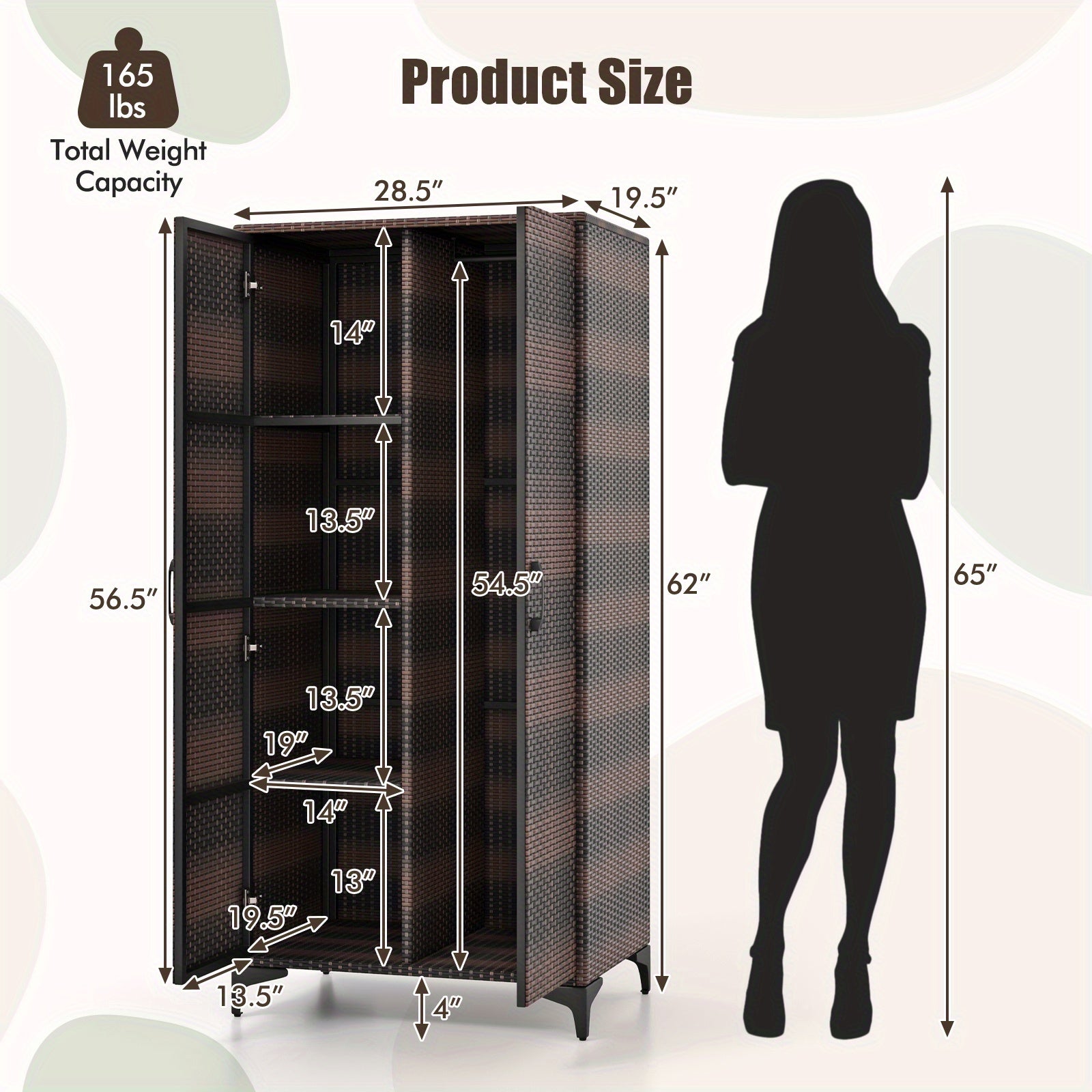 62" Black Wicker Wardrobe with 2 Doors, PE Rattan Armoire Closet on Sturdy Metal Frame - Includes Hanging Rod & 4 Storage Cubes, Ideal for Bedroom, Patio, Garage - Elegant, Durable & Versatile Organizer, Portable Closet