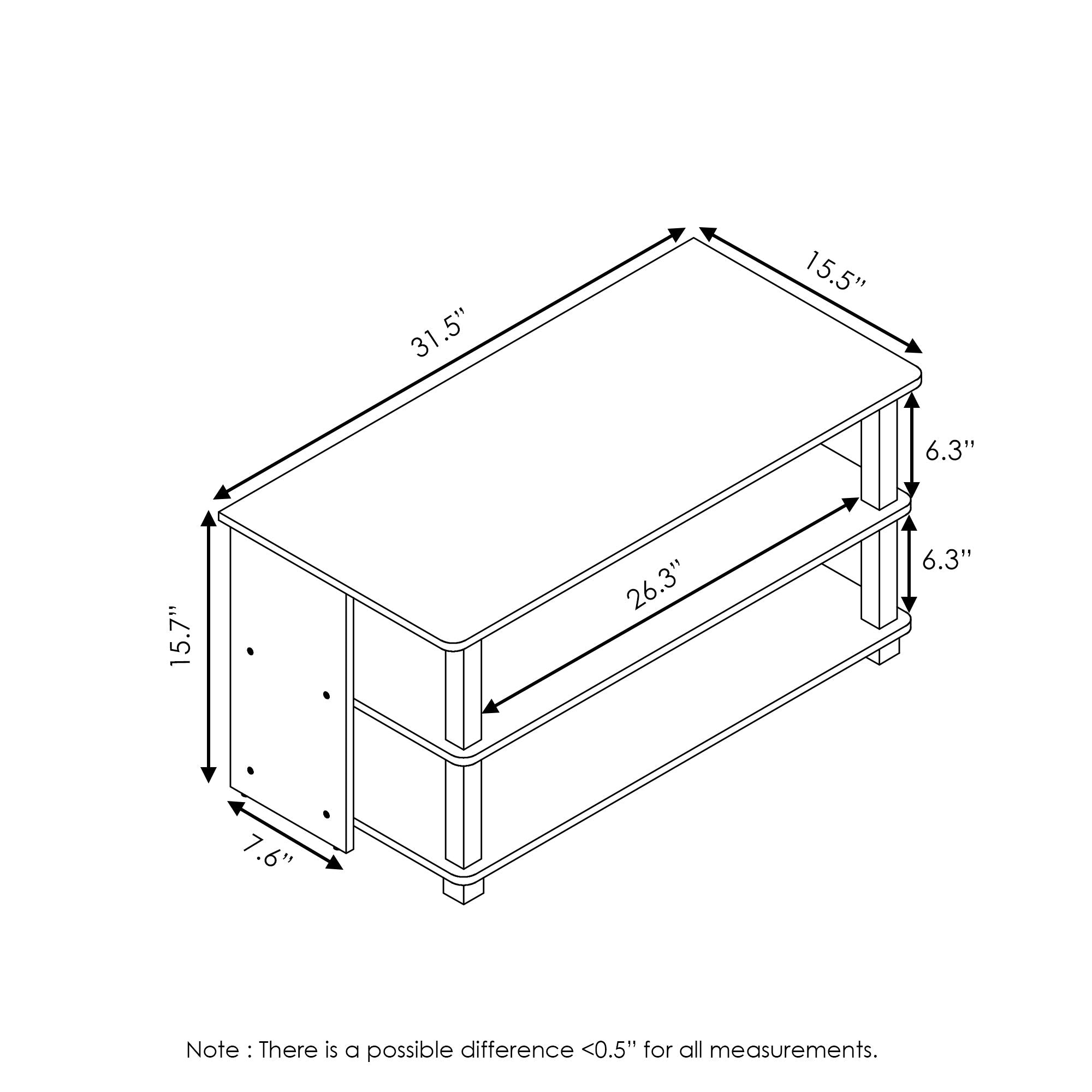 Modern 3-Tier TV Stand for Up to 40" TVs, Freestanding Wooden Media Shelf with Risers, Contemporary Style, Under 27" High