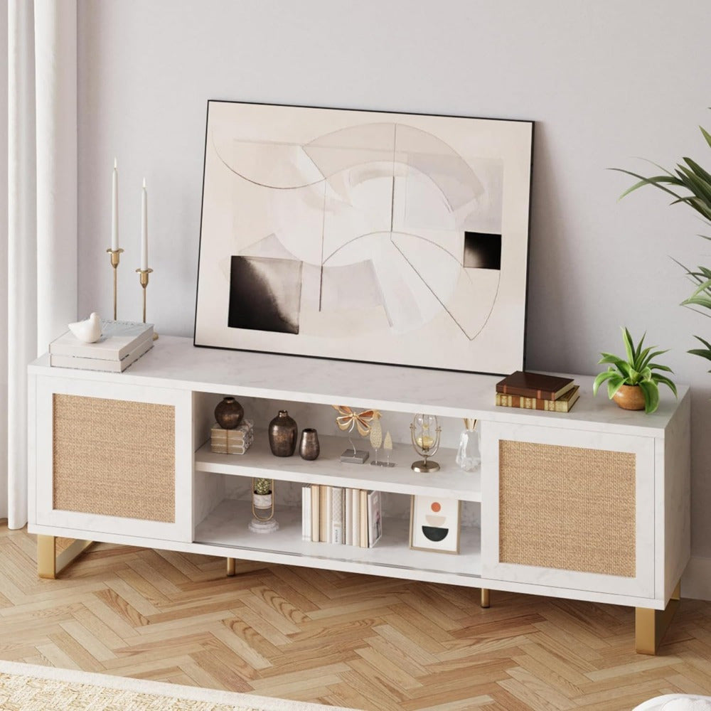 65" TV Cabinet, Rattan Entertainment Center Modern TV Console Table White TV Cabinet with Storage, Doors and Shelves, Easy To Assemble, Low TV Console Media Cabinet Furniture for Living Room Bedroom