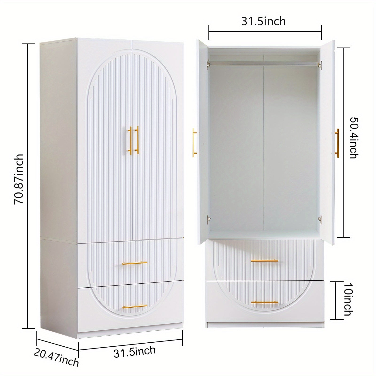 White 2-Door Armoire with Hanging Space & Drawers - Spacious Wooden Bedroom Closet for Efficient Clothing Storage, Wardrobe Closet, Bedroom Wardrobe