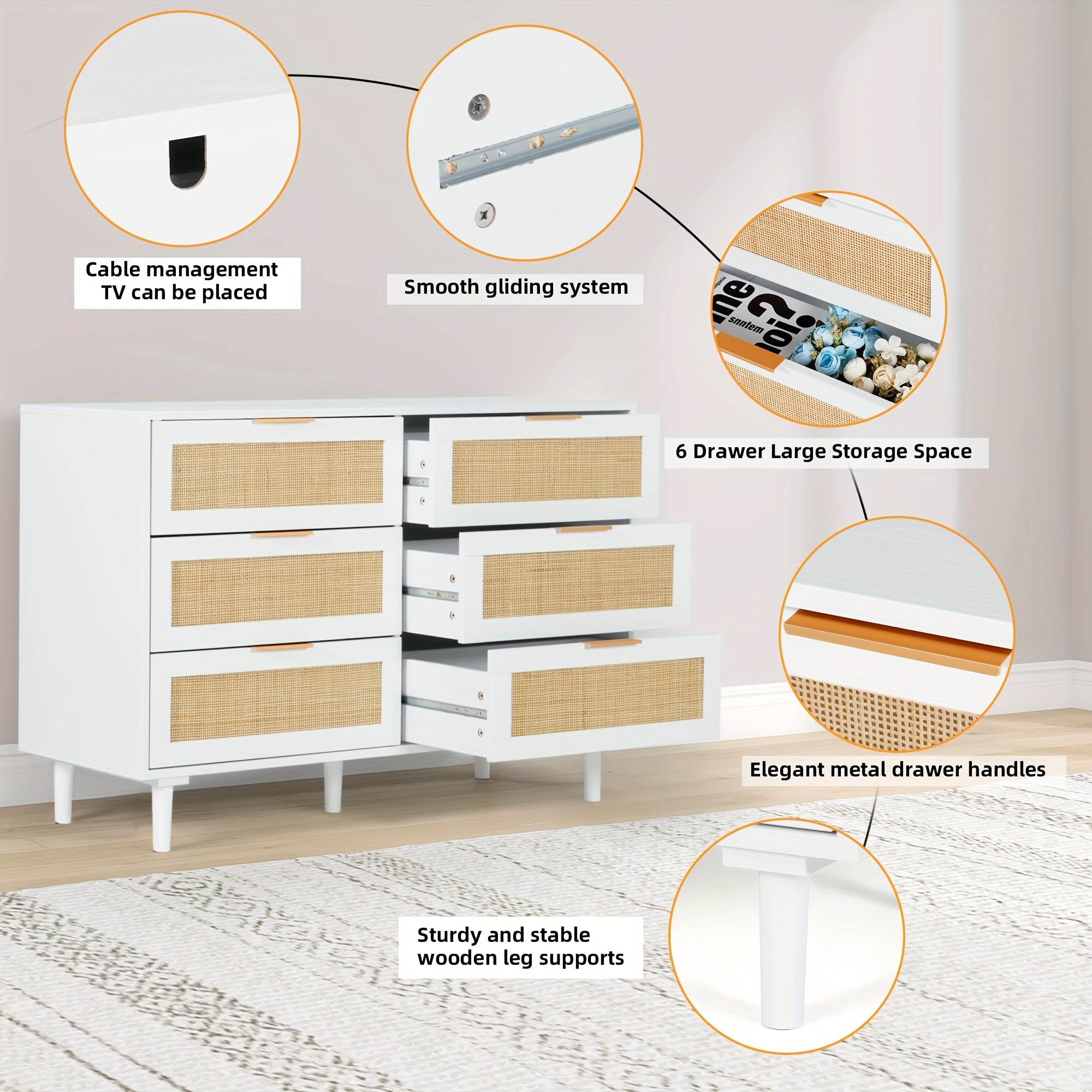 6 6 Drawer Dresser Rattan Dresser Modern Chest With Drawers Wood Storage Closet Dressers Chest Of Drawers - White
