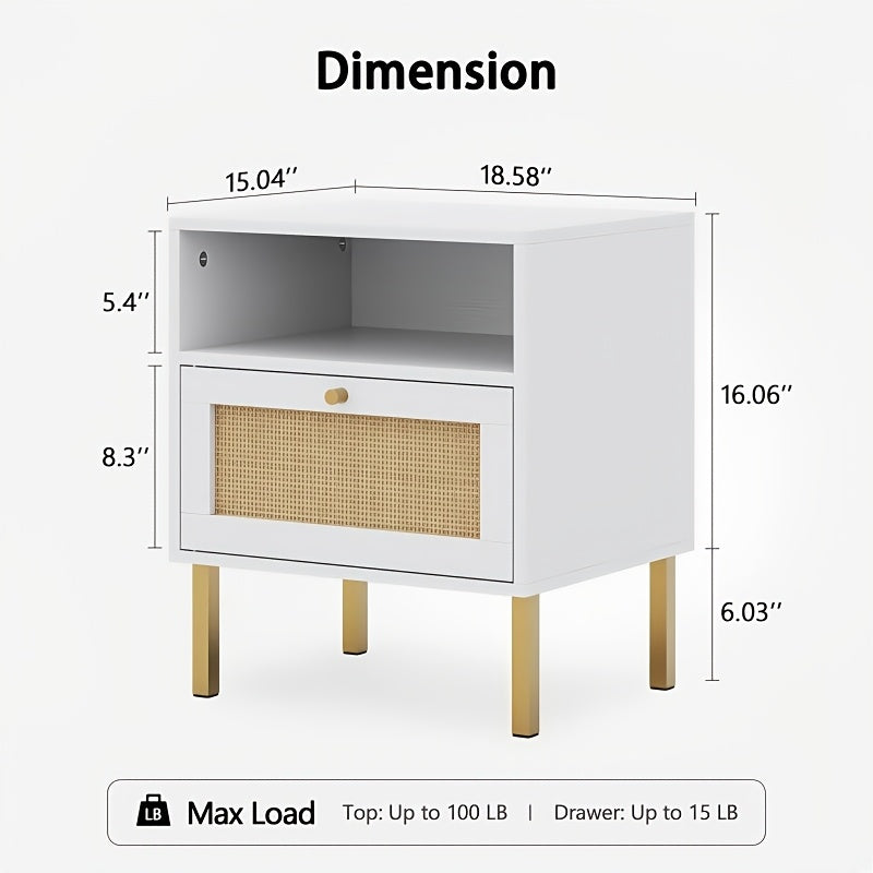 2pcs Bohemian Style Bedside Tables, White Wooden Nightstands with Rattan Weave, Open Shelves & Doors, Hardwood Construction, Medium Density Fiberboard, Under 3.2 Cubic Feet Storage, Less Than 27 Inches Tall, Storage Drawer Un