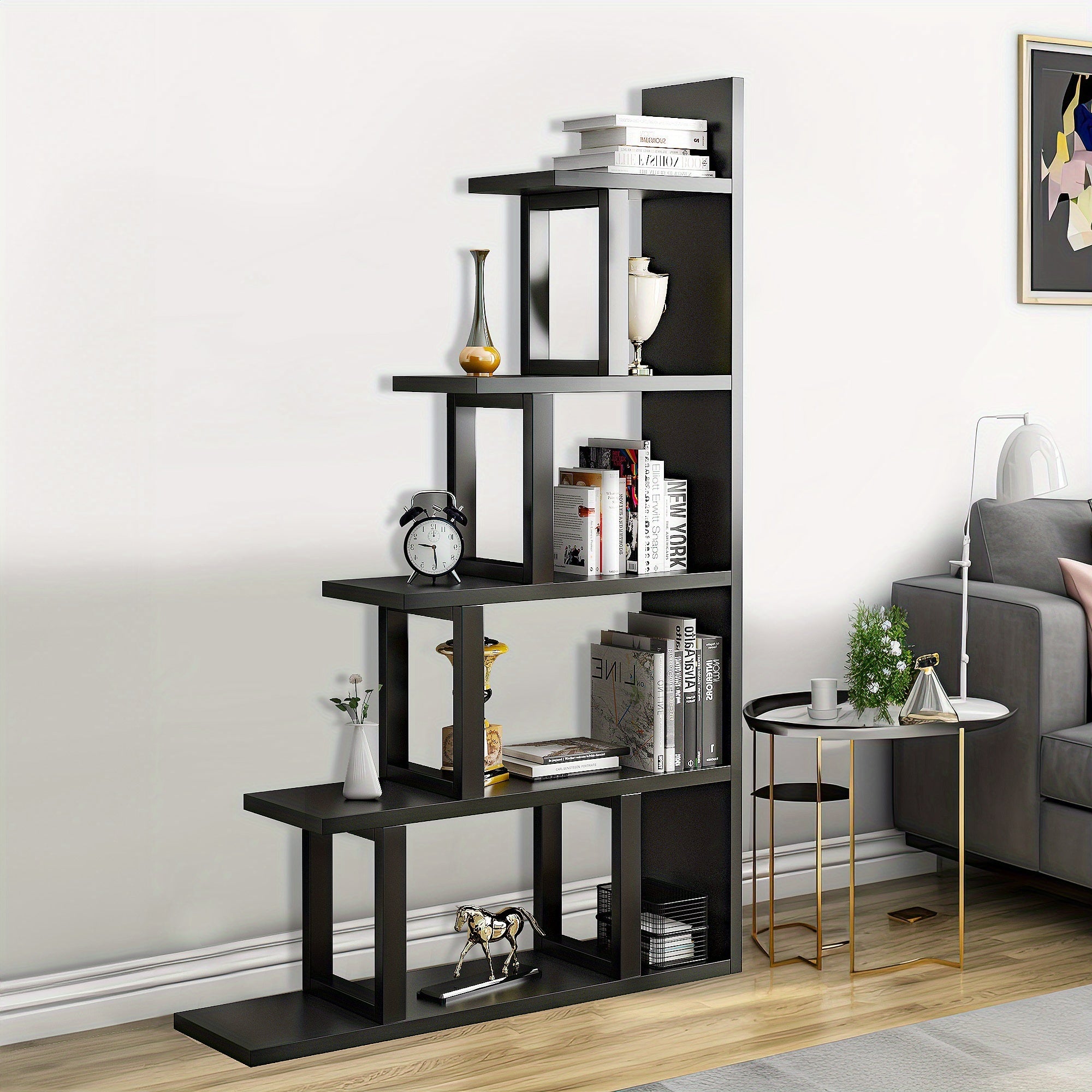 5- Shelf Bookshelf L- Shape Freestanding Ladder Corner Bookcase Display Rack Home - Black - Bookshelf Westberry